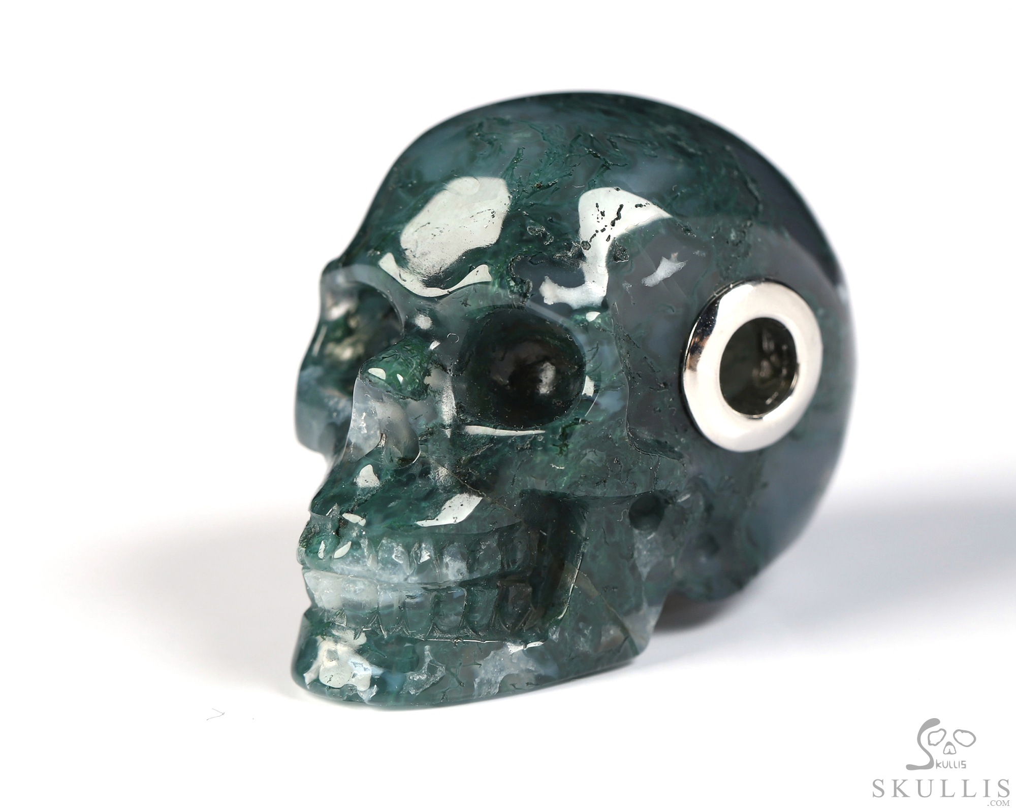 Necklace of 1.1" Green Moss Agate Hand Carved Crystal Skull Pendant, Skull Jewelry Necklace of 1.1" Green Moss Agate Hand Carved Crystal Skull Pendant, Skull Jewelry