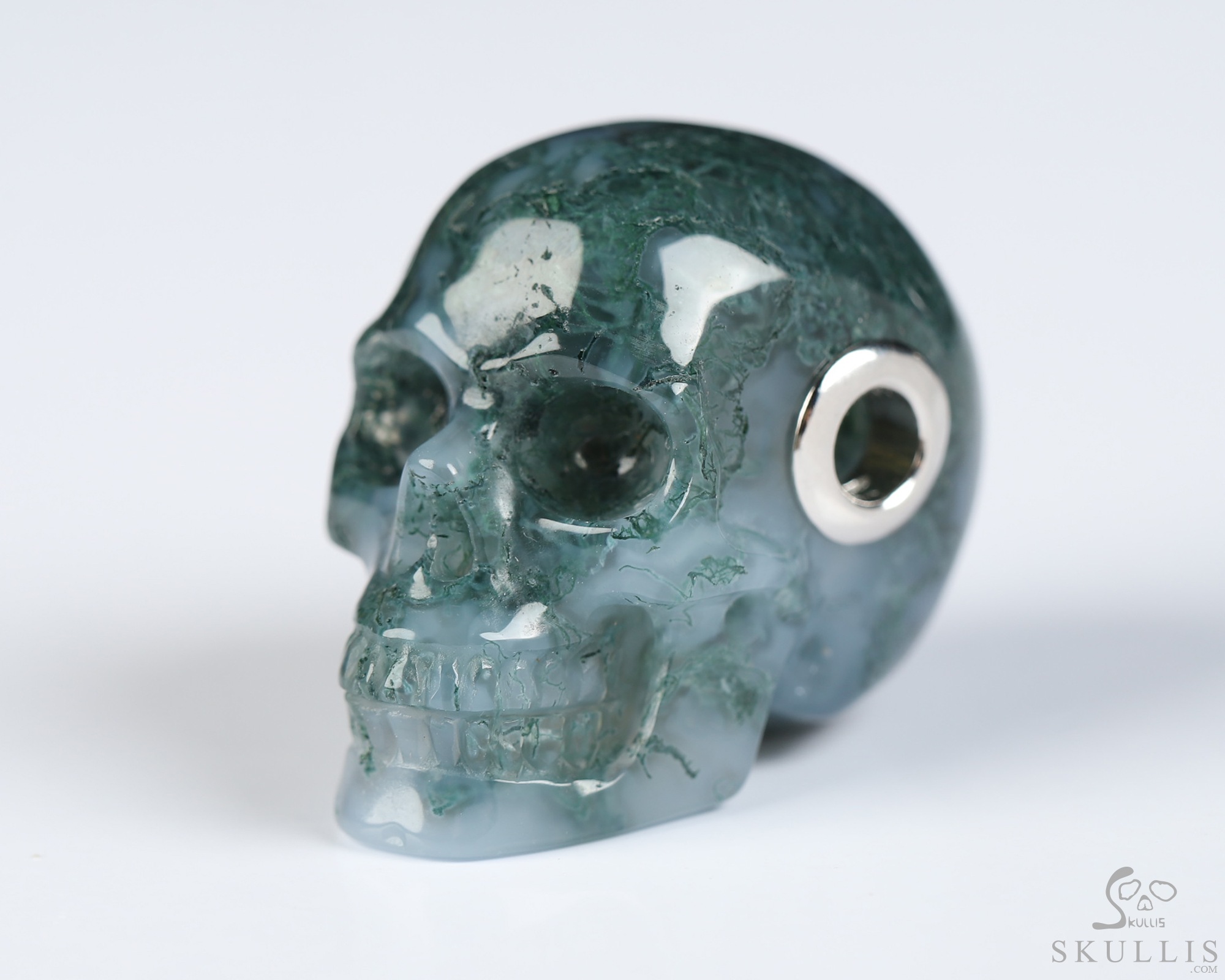 Necklace of 1.1" Green Moss Agate Hand Carved Crystal Skull Pendant, Skull Jewelry Necklace of 1.1" Green Moss Agate Hand Carved Crystal Skull Pendant, Skull Jewelry