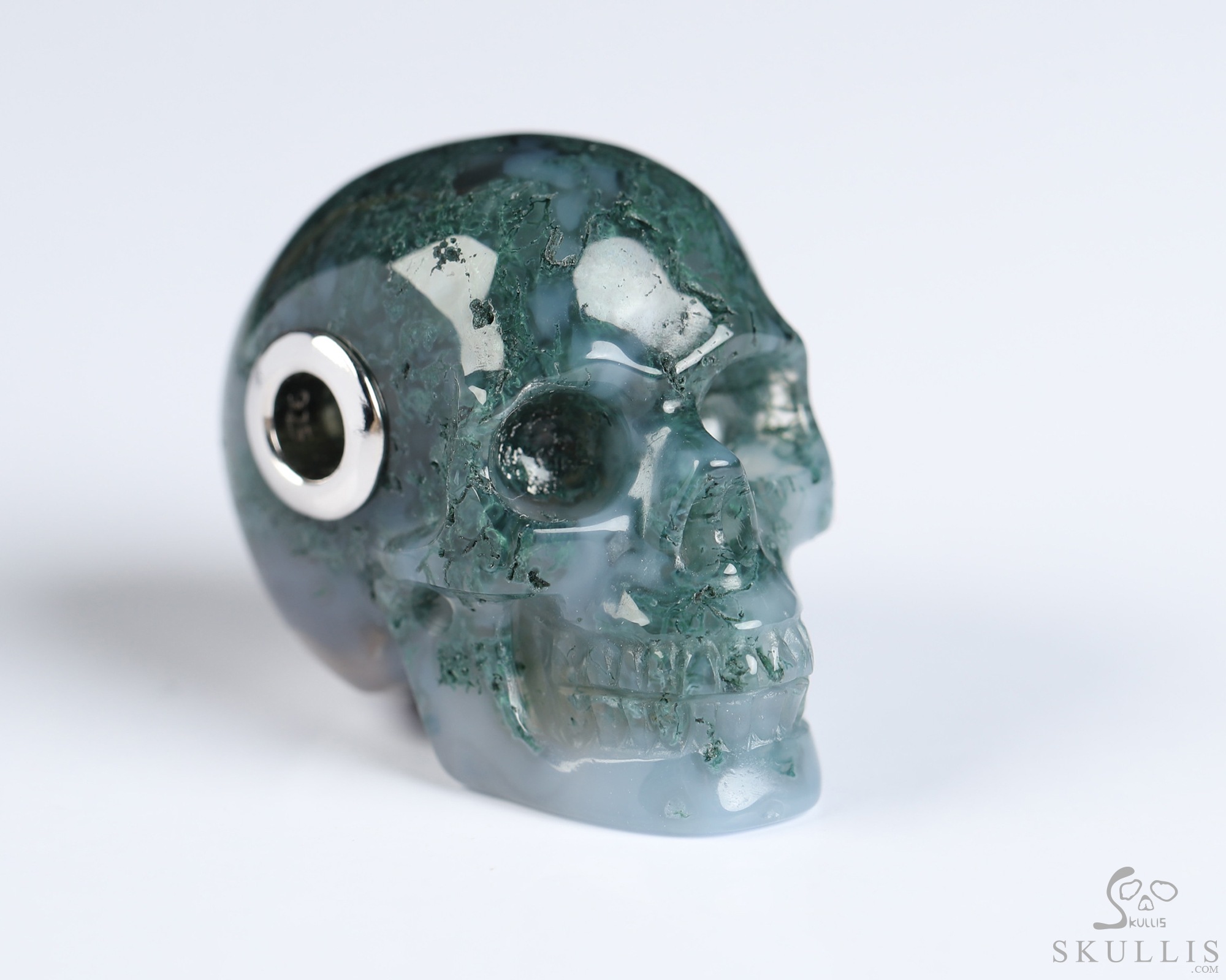 Necklace of 1.1" Green Moss Agate Hand Carved Crystal Skull Pendant, Skull Jewelry Necklace of 1.1" Green Moss Agate Hand Carved Crystal Skull Pendant, Skull Jewelry