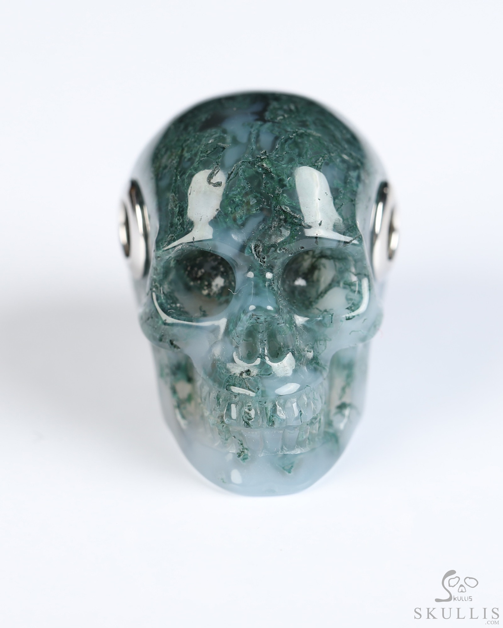Necklace of 1.1" Green Moss Agate Hand Carved Crystal Skull Pendant, Skull Jewelry Necklace of 1.1" Green Moss Agate Hand Carved Crystal Skull Pendant, Skull Jewelry
