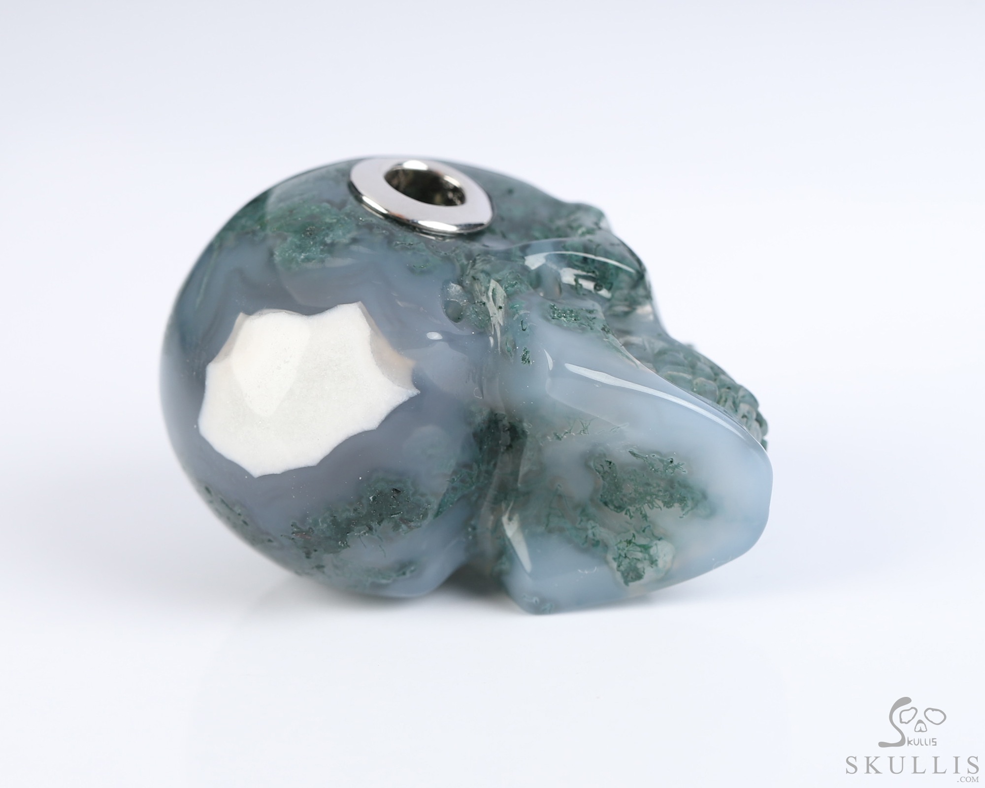 Necklace of 1.1" Green Moss Agate Hand Carved Crystal Skull Pendant, Skull Jewelry Necklace of 1.1" Green Moss Agate Hand Carved Crystal Skull Pendant, Skull Jewelry