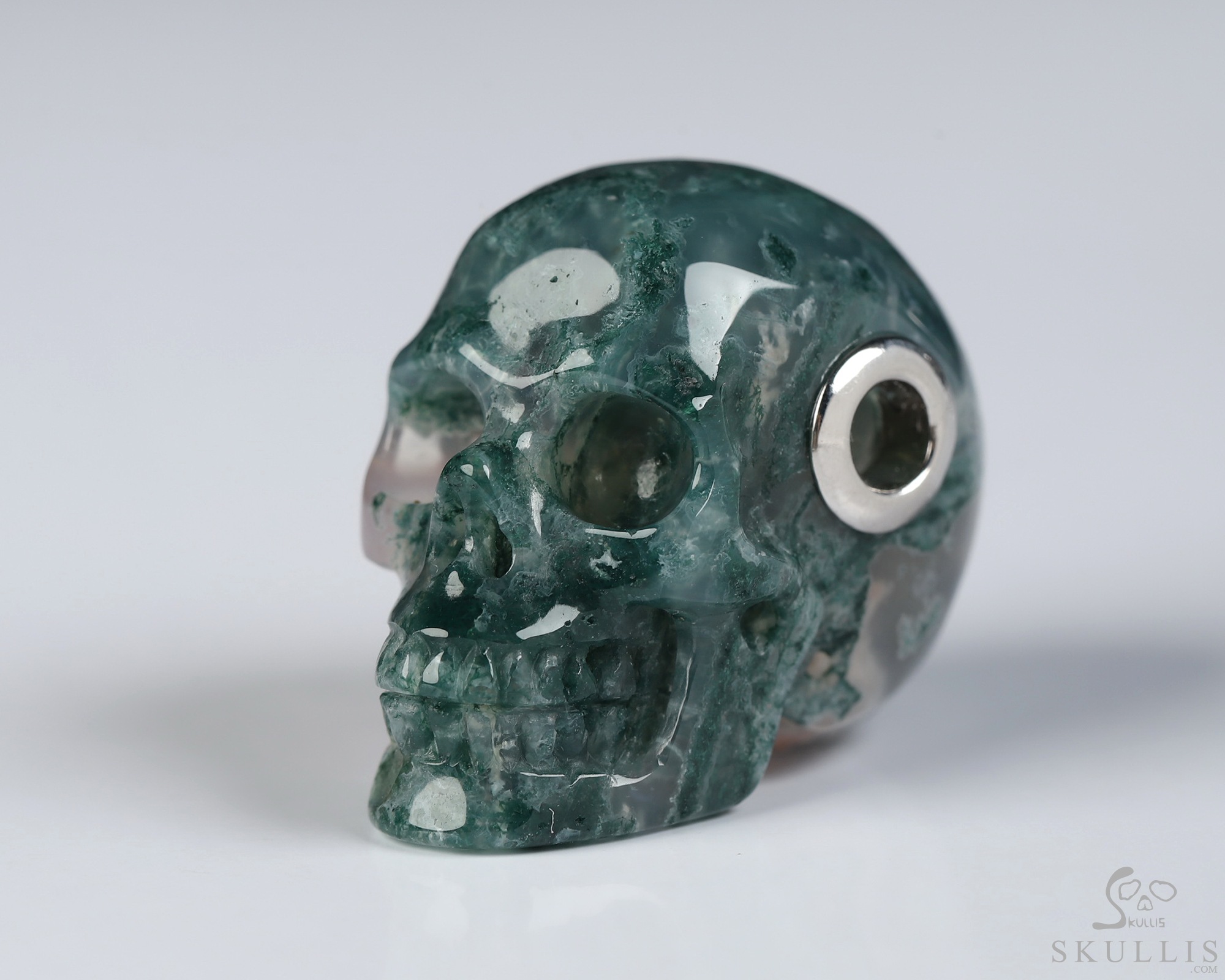 Necklace of 1.1" Green Moss Agate Hand Carved Crystal Skull Pendant, Skull Jewelry Necklace of 1.1" Green Moss Agate Hand Carved Crystal Skull Pendant, Skull Jewelry