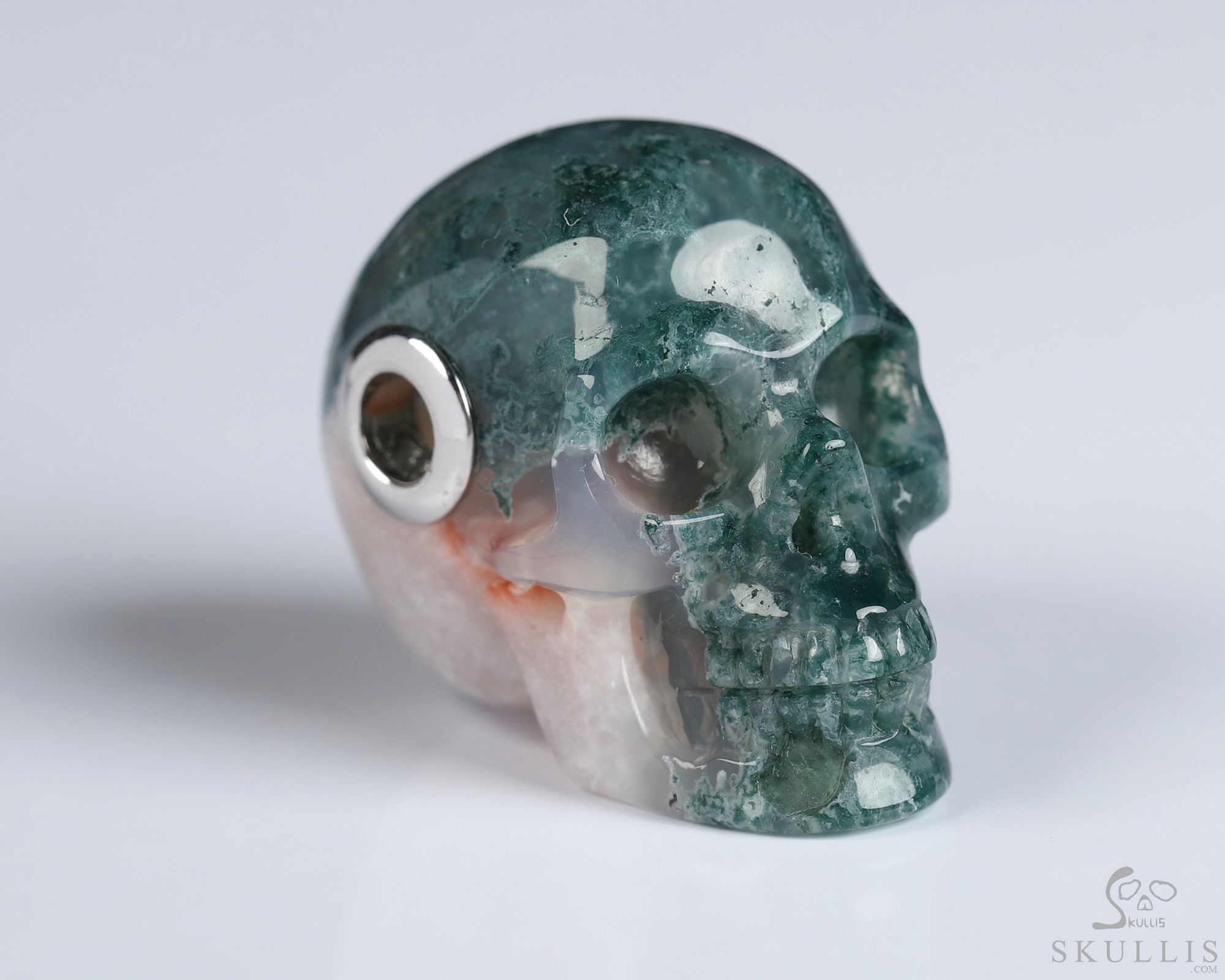 Necklace of 1.1" Green Moss Agate Hand Carved Crystal Skull Pendant, Skull Jewelry Necklace of 1.1" Green Moss Agate Hand Carved Crystal Skull Pendant, Skull Jewelry