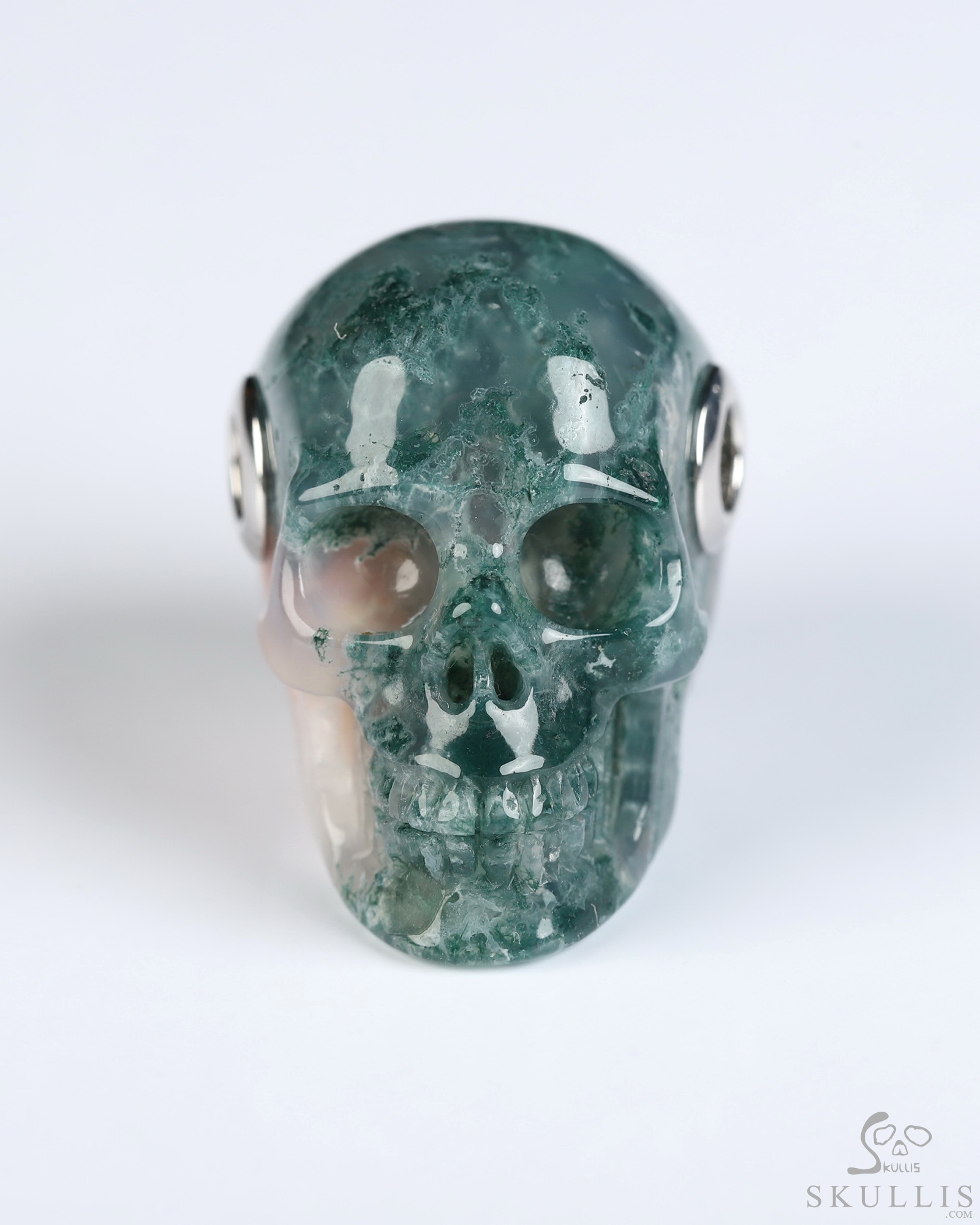 Necklace of 1.1" Green Moss Agate Hand Carved Crystal Skull Pendant, Skull Jewelry Necklace of 1.1" Green Moss Agate Hand Carved Crystal Skull Pendant, Skull Jewelry