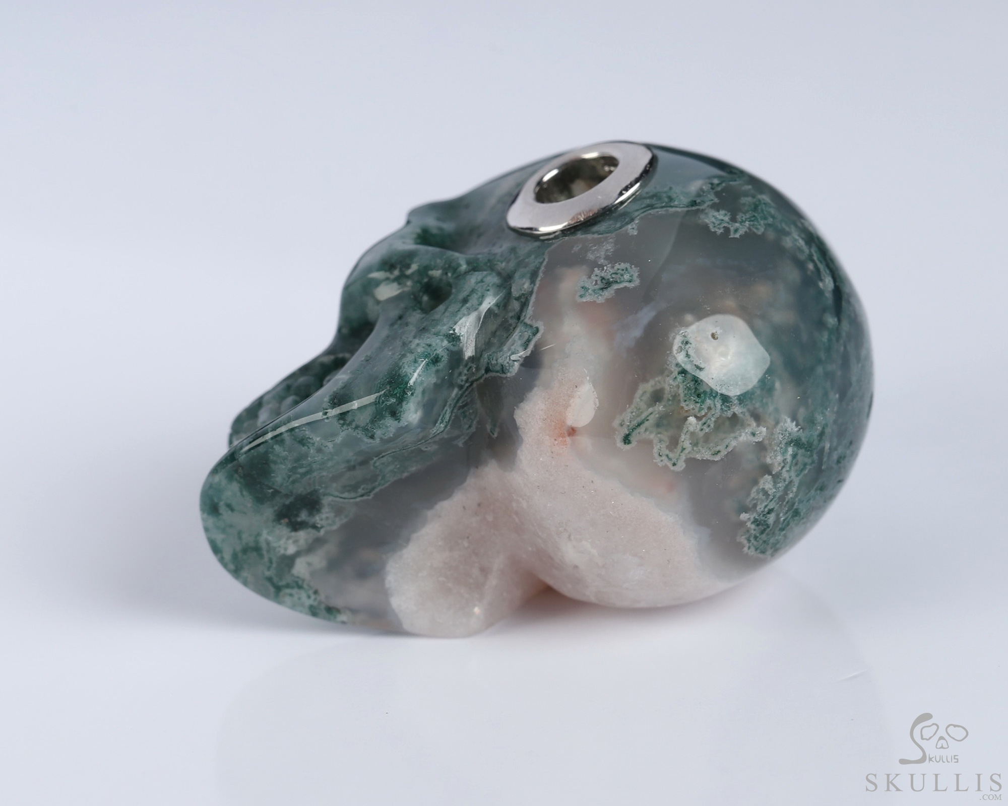 Necklace of 1.1" Green Moss Agate Hand Carved Crystal Skull Pendant, Skull Jewelry Necklace of 1.1" Green Moss Agate Hand Carved Crystal Skull Pendant, Skull Jewelry