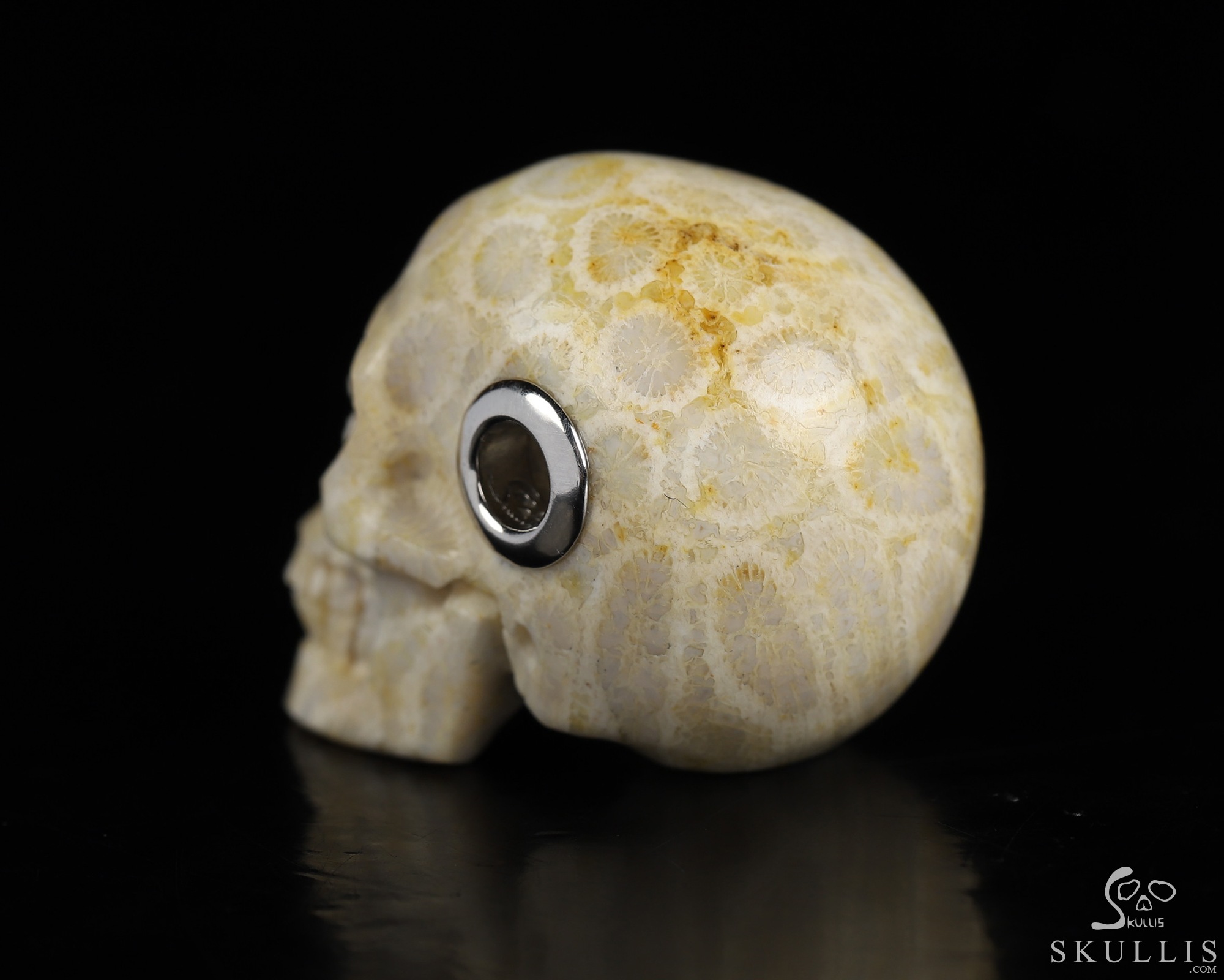 Necklace of 1.1" Coral Fossil Hand Carved Crystal Skull Pendant, Skull Jewelry Necklace of 1.1" Coral Fossil Hand Carved Crystal Skull Pendant, Skull Jewelry