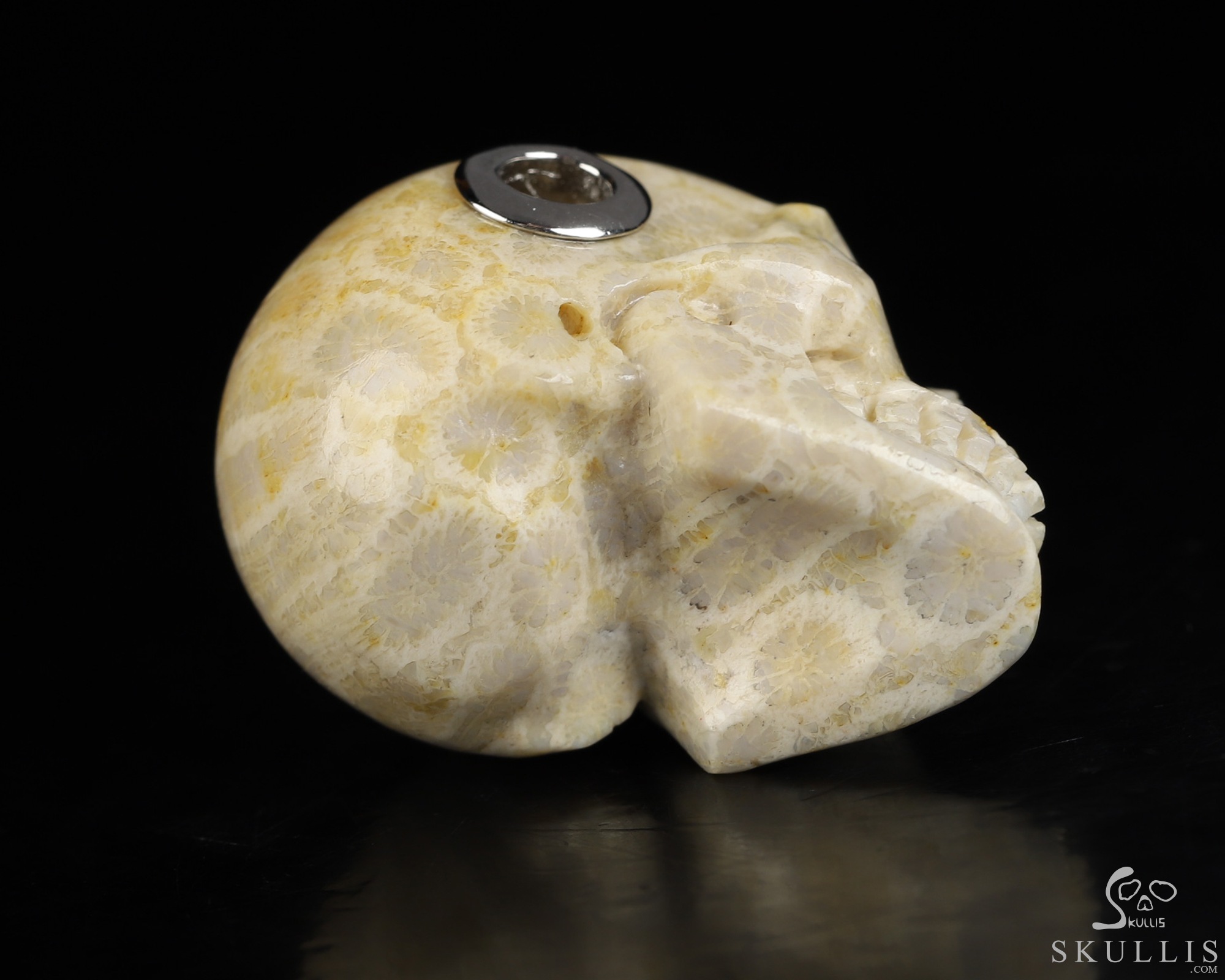 Necklace of 1.1" Coral Fossil Hand Carved Crystal Skull Pendant, Skull Jewelry Necklace of 1.1" Coral Fossil Hand Carved Crystal Skull Pendant, Skull Jewelry