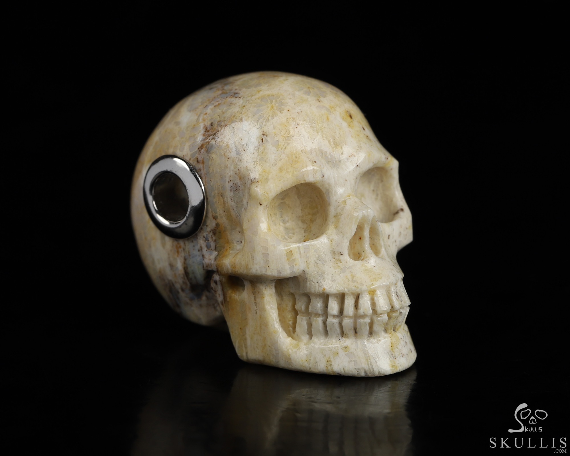 Necklace of 1.1" Coral Fossil Hand Carved Crystal Skull Pendant, Skull Jewelry Necklace of 1.1" Coral Fossil Hand Carved Crystal Skull Pendant, Skull Jewelry