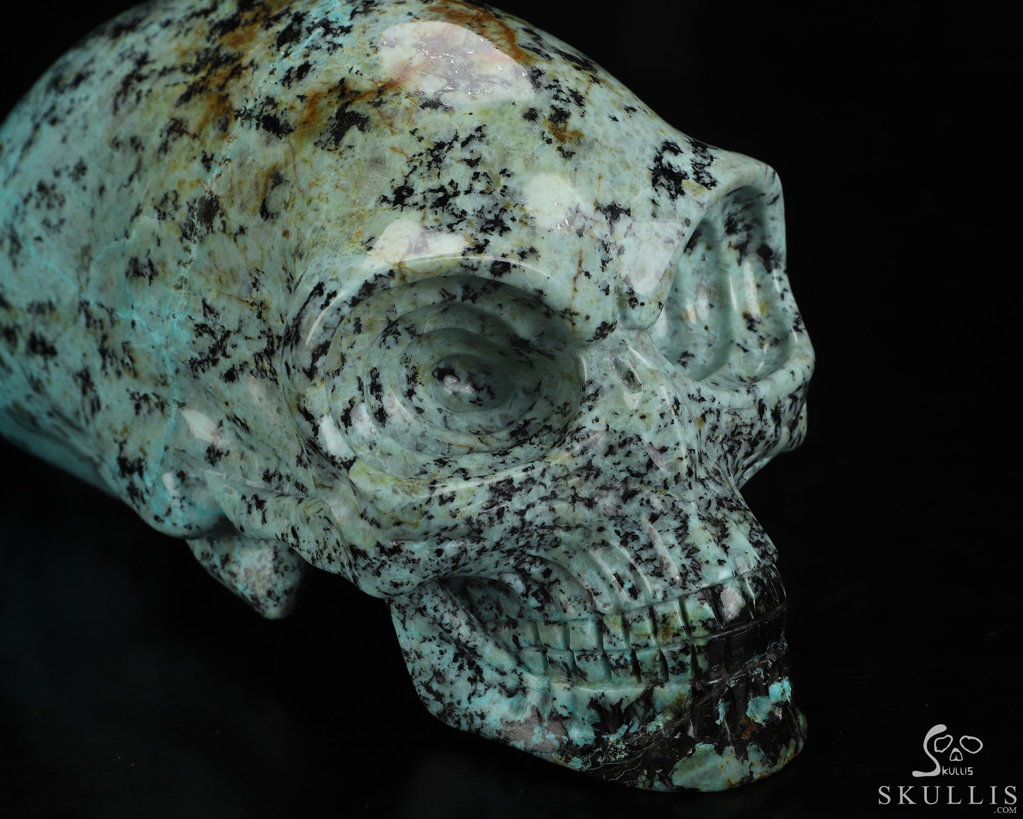 Gemstone 8.9" African Turquoise Hand Carved Crystal Elongated Mayan Alien Skull Sculpture, Crystal Healing Gemstone 8.9" African Turquoise Hand Carved Crystal Elongated Mayan Alien Skull Sculpture, Crystal Healing
