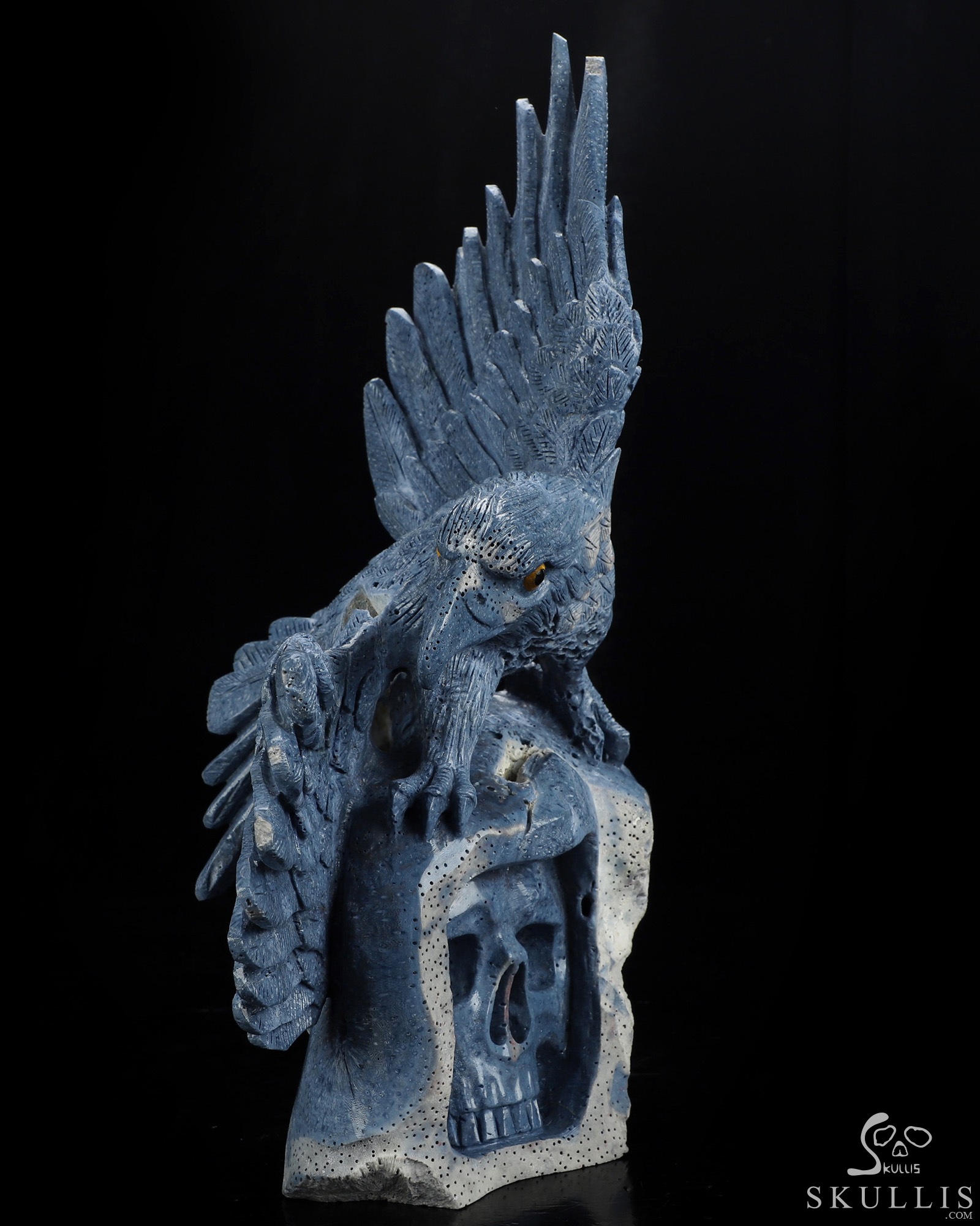 10.2" Blue Ridge Coral Hand Carved Crystal Skull and Eagle Fine Art Sculpture, Crystal Healing 10.2" Blue Ridge Coral Hand Carved Crystal Skull and Eagle Fine Art Sculpture, Crystal Healing