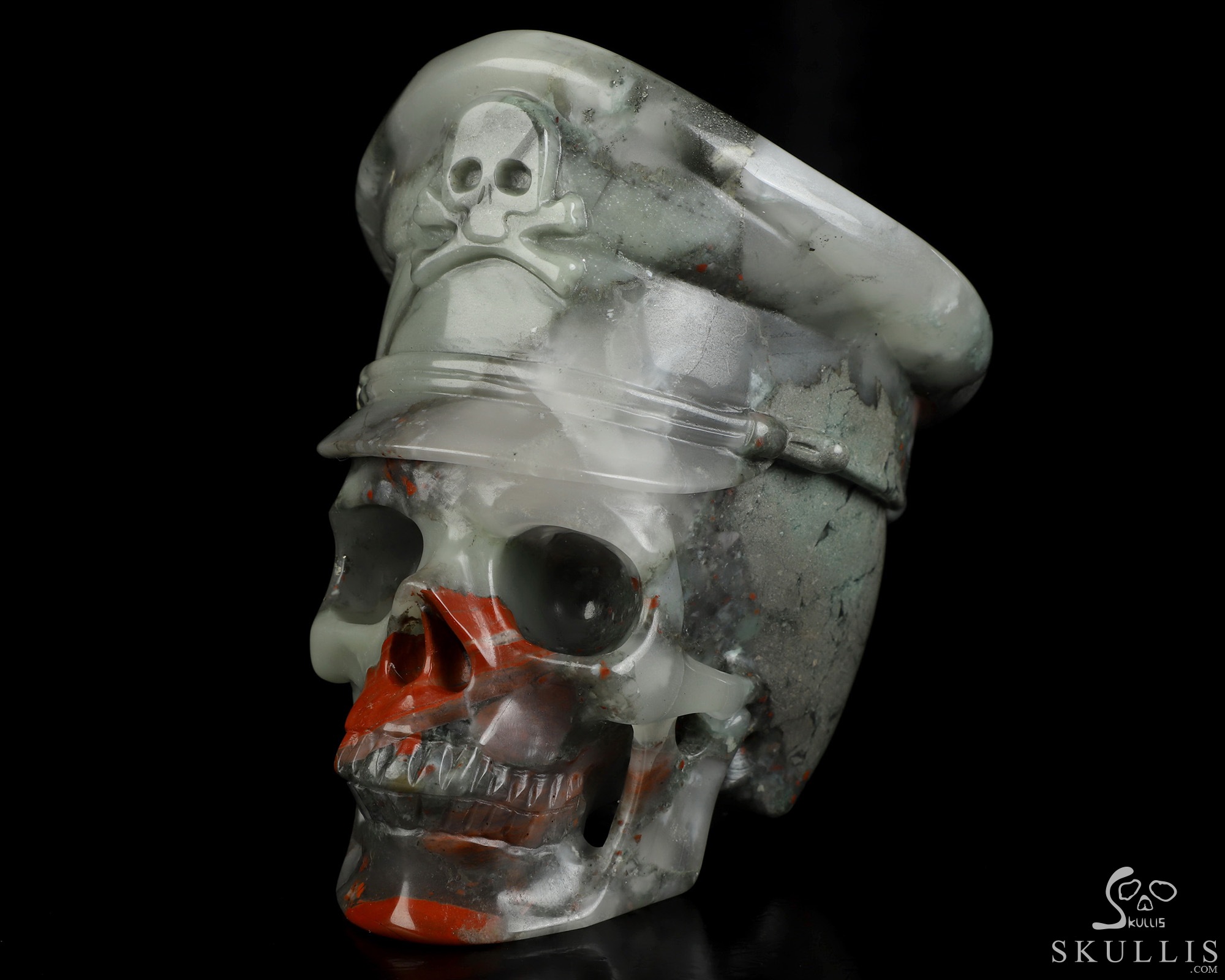 4.9" African Bloodstone Hand Carved Crystal Skull and Navy Cap Fine Art Sculpture, Crystal Healing 4.9" African Bloodstone Hand Carved Crystal Skull and Navy Cap Fine Art Sculpture, Crystal Healing