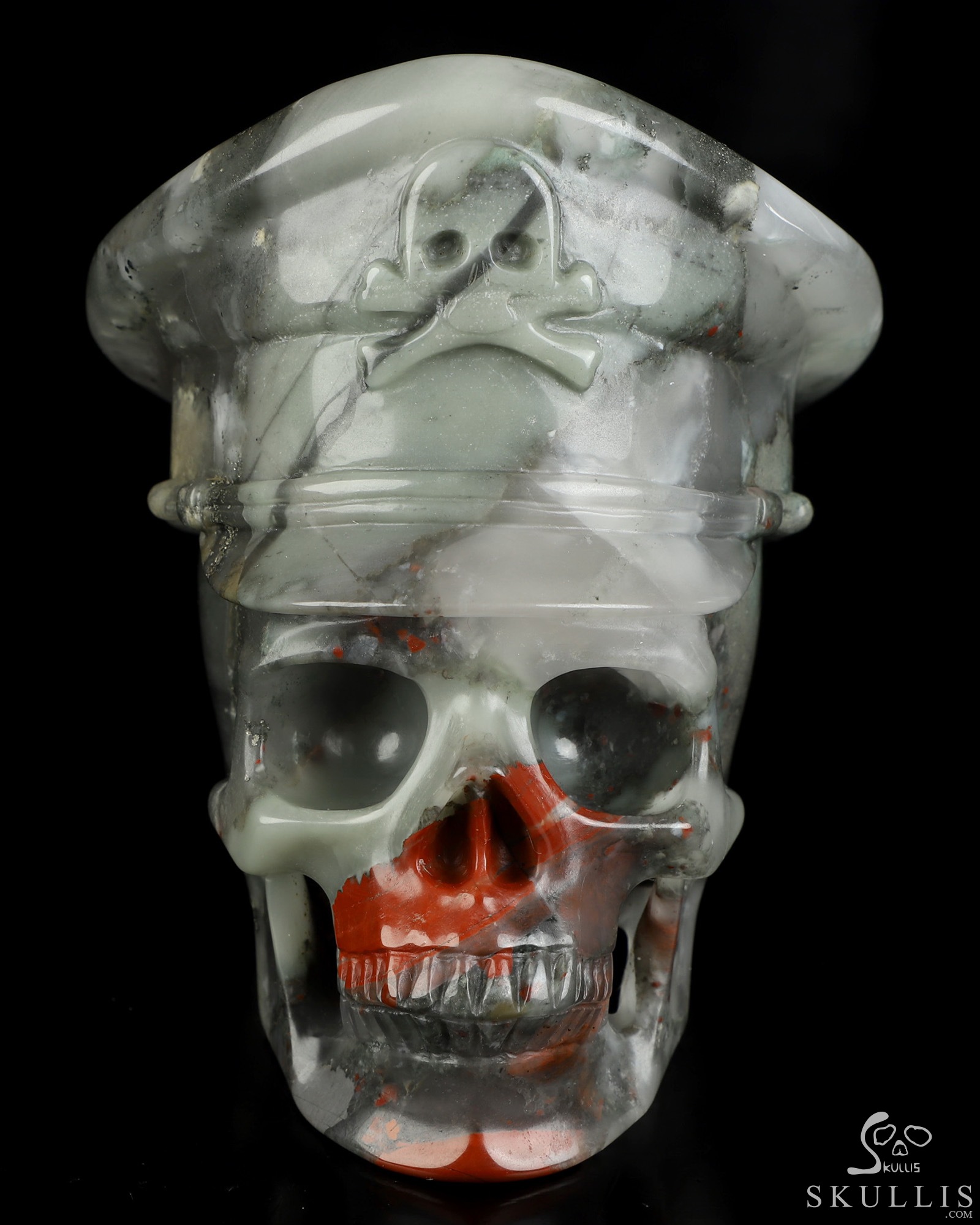 4.9" African Bloodstone Hand Carved Crystal Skull and Navy Cap Fine Art Sculpture, Crystal Healing 4.9" African Bloodstone Hand Carved Crystal Skull and Navy Cap Fine Art Sculpture, Crystal Healing
