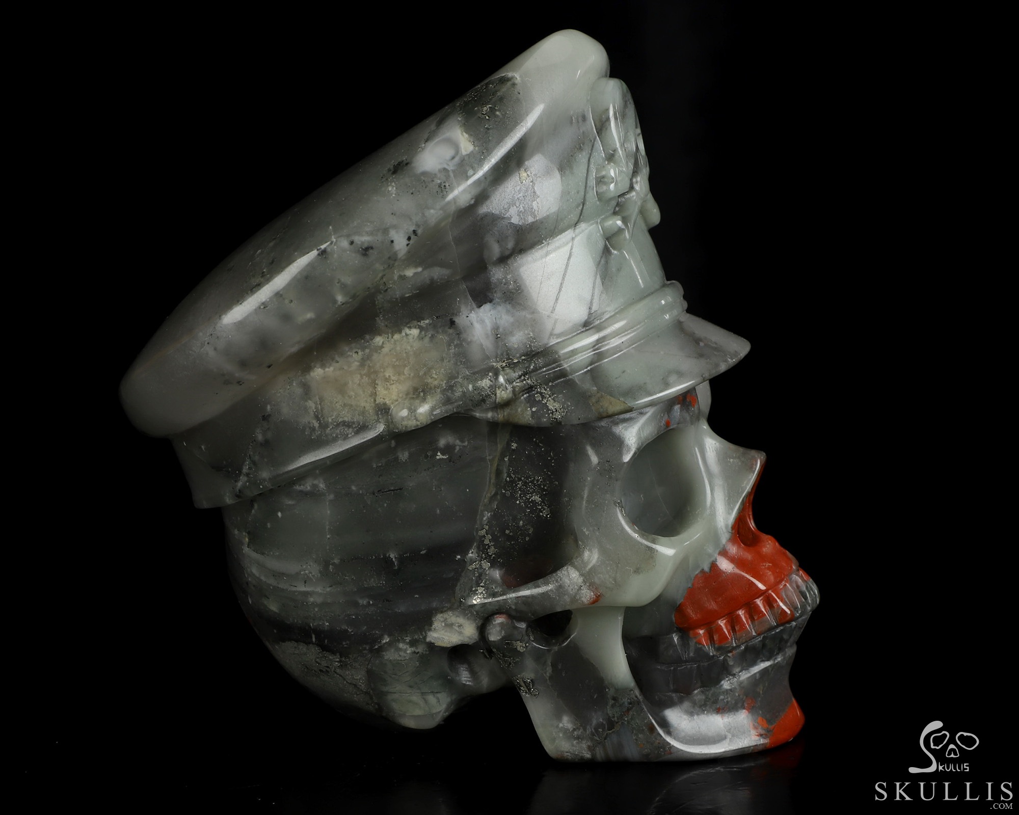 4.9" African Bloodstone Hand Carved Crystal Skull and Navy Cap Fine Art Sculpture, Crystal Healing 4.9" African Bloodstone Hand Carved Crystal Skull and Navy Cap Fine Art Sculpture, Crystal Healing
