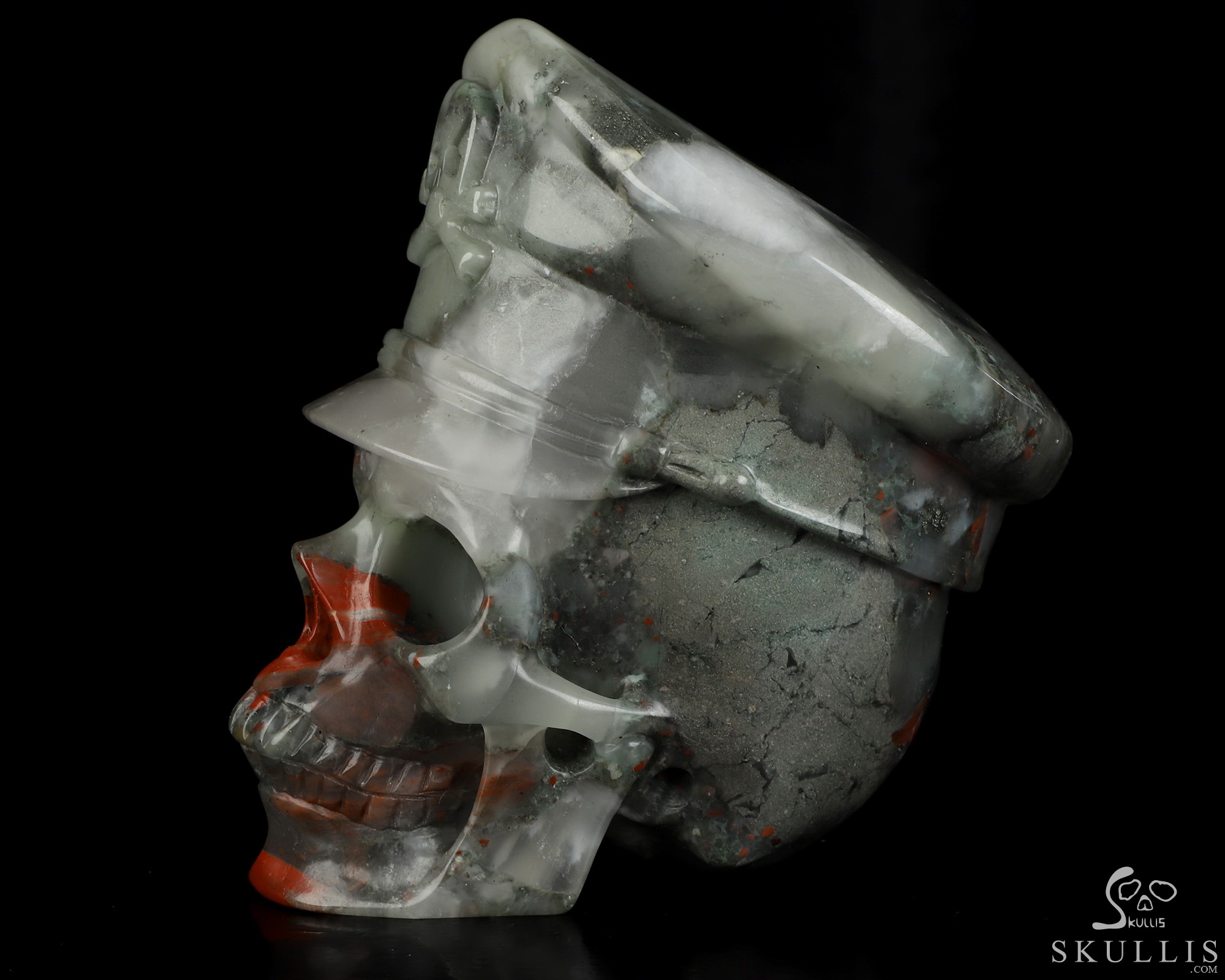 4.9" African Bloodstone Hand Carved Crystal Skull and Navy Cap Fine Art Sculpture, Crystal Healing 4.9" African Bloodstone Hand Carved Crystal Skull and Navy Cap Fine Art Sculpture, Crystal Healing