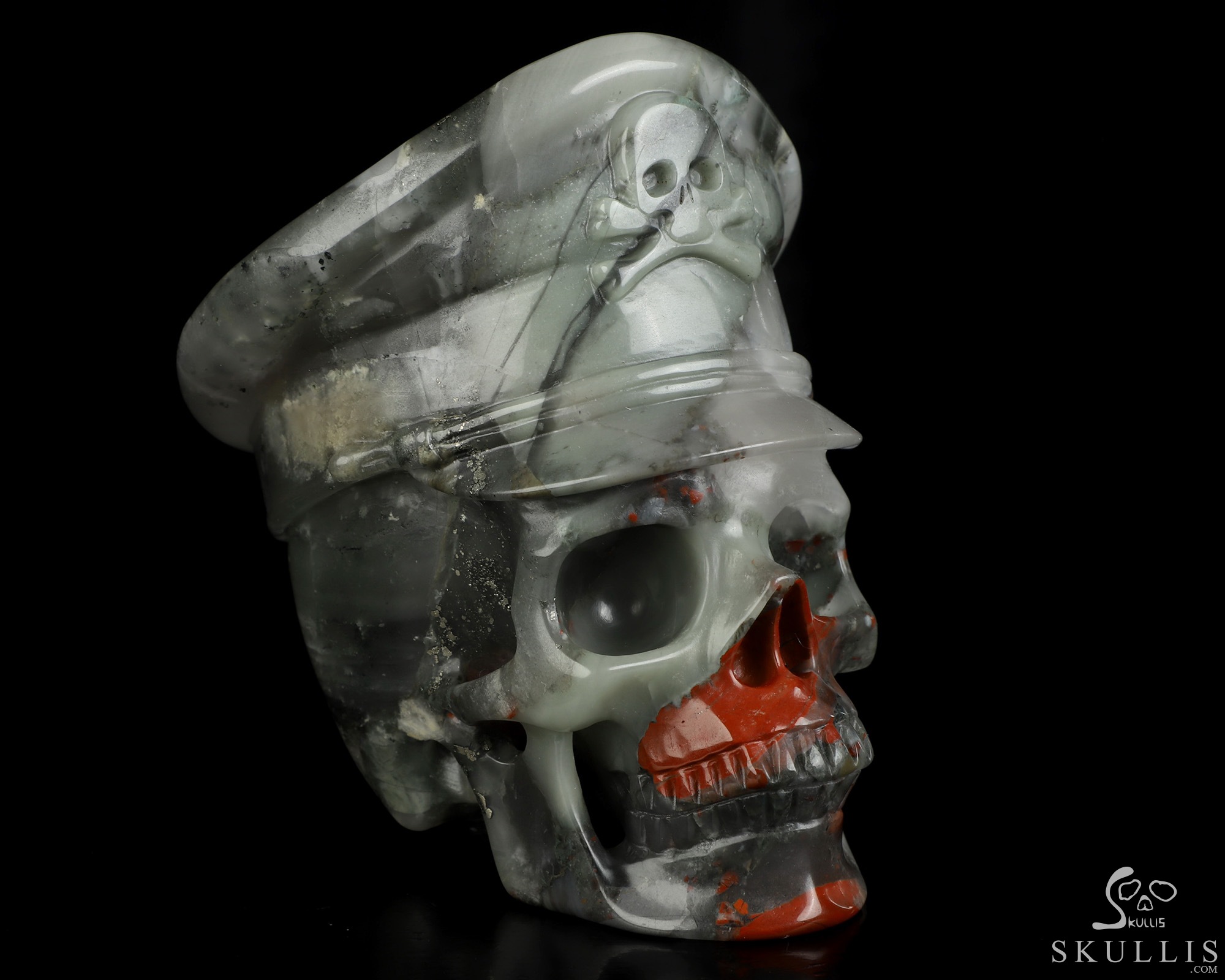 4.9" African Bloodstone Hand Carved Crystal Skull and Navy Cap Fine Art Sculpture, Crystal Healing 4.9" African Bloodstone Hand Carved Crystal Skull and Navy Cap Fine Art Sculpture, Crystal Healing