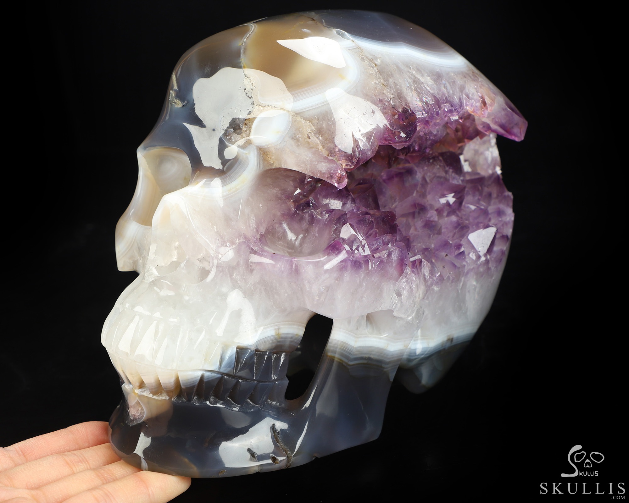 Lifesized 7.1" Agate Amethyst Geode Hand Carved Crystal Skull, Super Realistic, Crystal Healing Lifesized 7.1" Agate Amethyst Geode Hand Carved Crystal Skull, Super Realistic, Crystal Healing