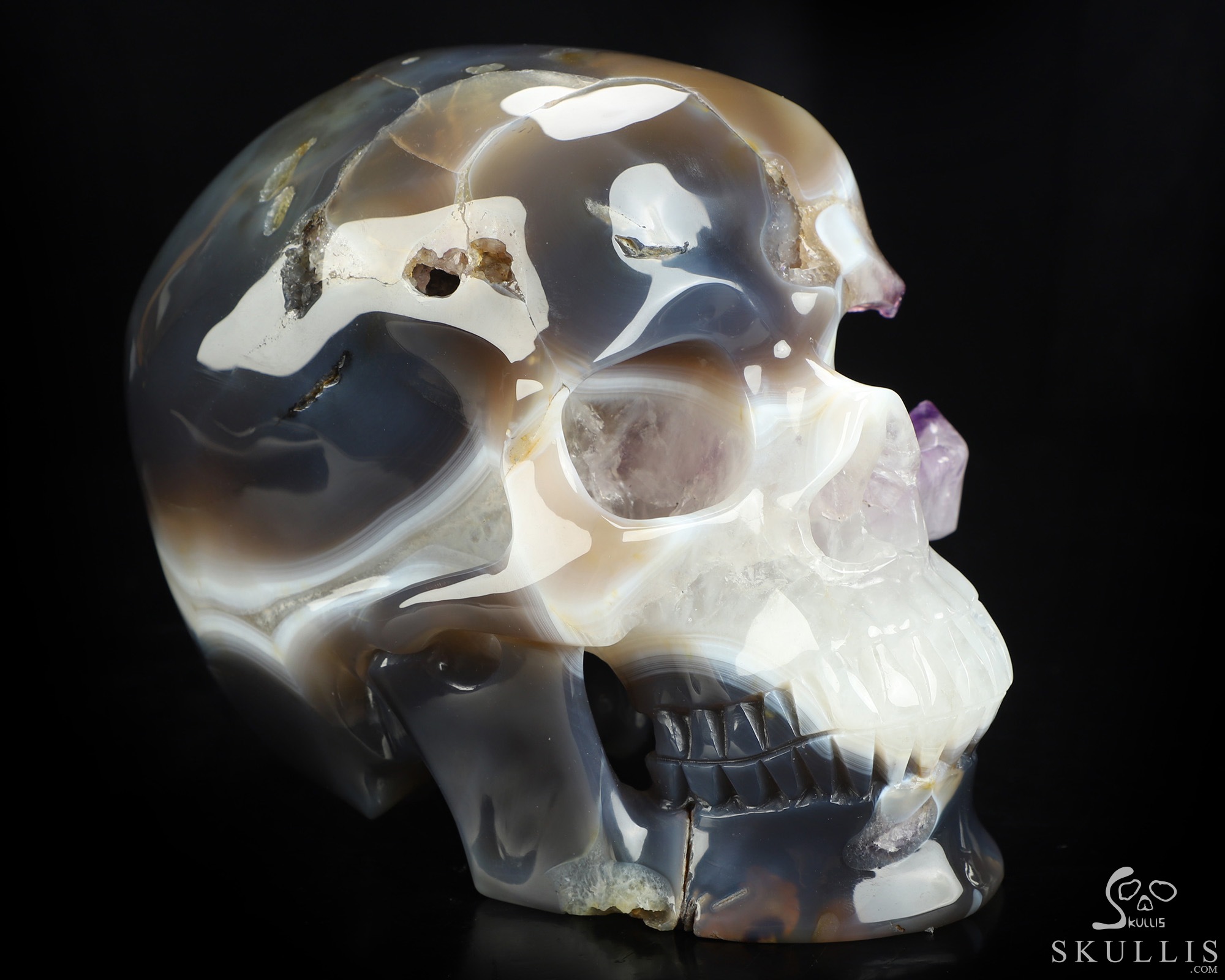 Lifesized 7.1" Agate Amethyst Geode Hand Carved Crystal Skull, Super Realistic, Crystal Healing Lifesized 7.1" Agate Amethyst Geode Hand Carved Crystal Skull, Super Realistic, Crystal Healing