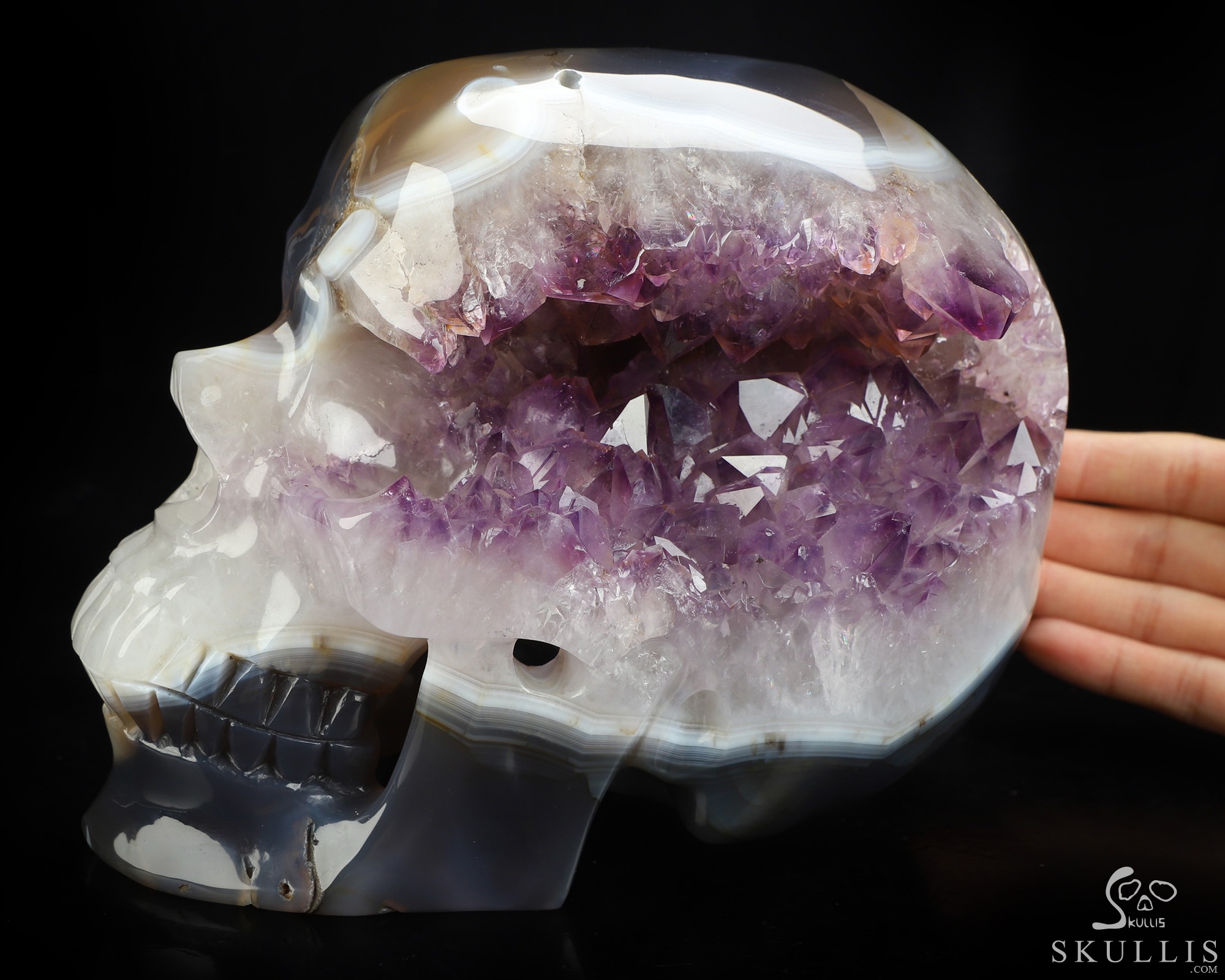 Lifesized 7.1" Agate Amethyst Geode Hand Carved Crystal Skull, Super Realistic, Crystal Healing Lifesized 7.1" Agate Amethyst Geode Hand Carved Crystal Skull, Super Realistic, Crystal Healing