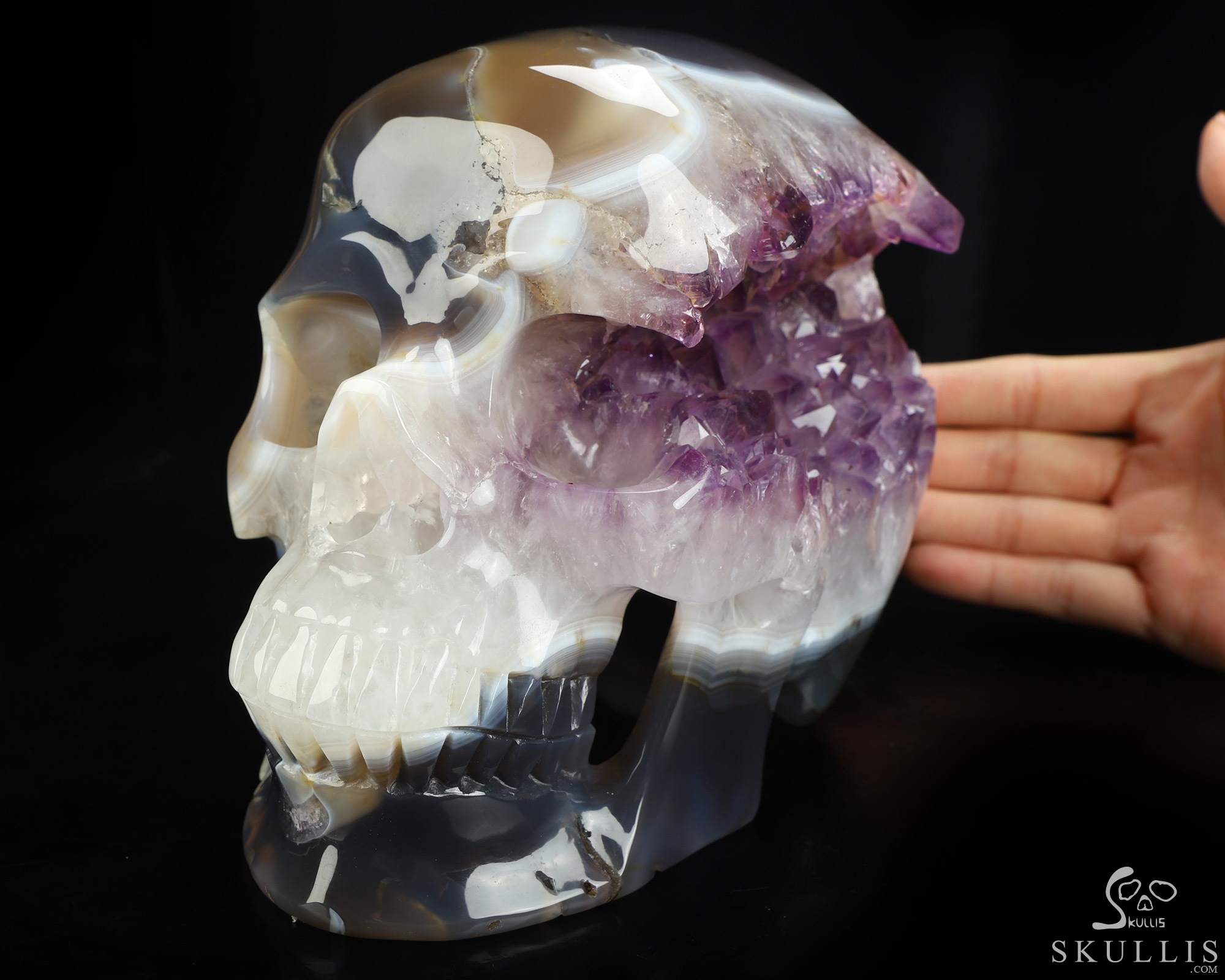 Lifesized 7.1" Agate Amethyst Geode Hand Carved Crystal Skull, Super Realistic, Crystal Healing Lifesized 7.1" Agate Amethyst Geode Hand Carved Crystal Skull, Super Realistic, Crystal Healing
