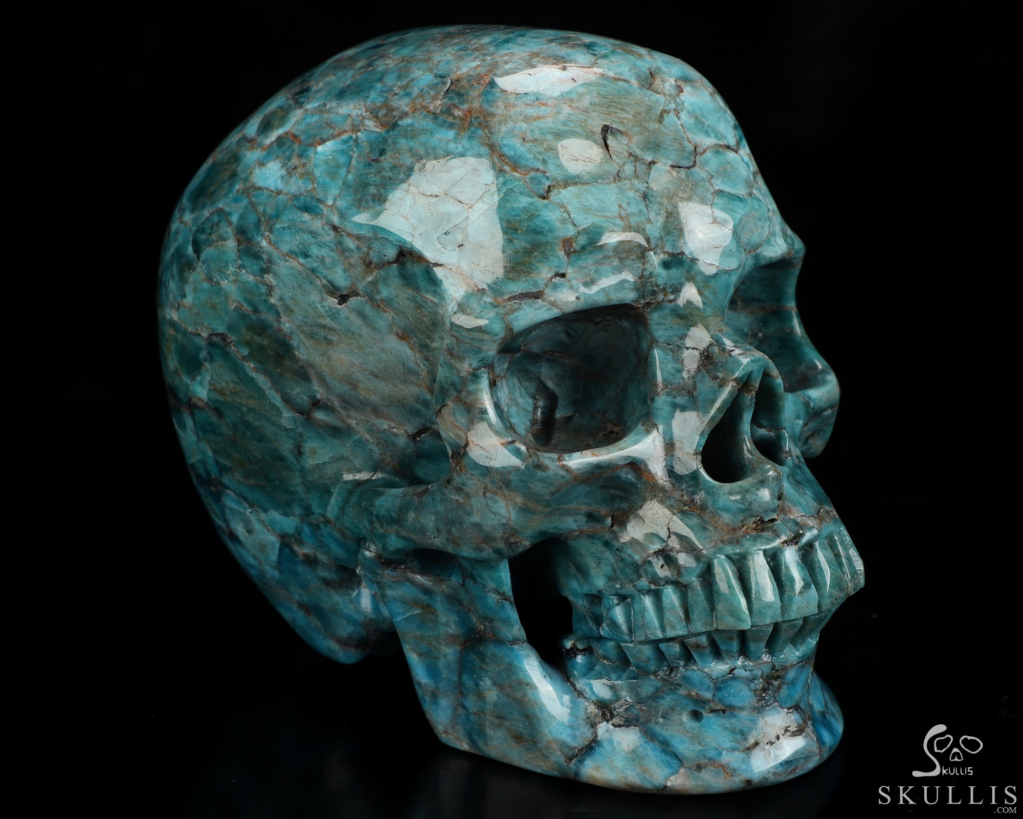 Lifesized 5.5" Blue Apatite Hand Carved Crystal Skull, Super Realistic, Crystal Healing Lifesized 5.5" Blue Apatite Hand Carved Crystal Skull, Super Realistic, Crystal Healing