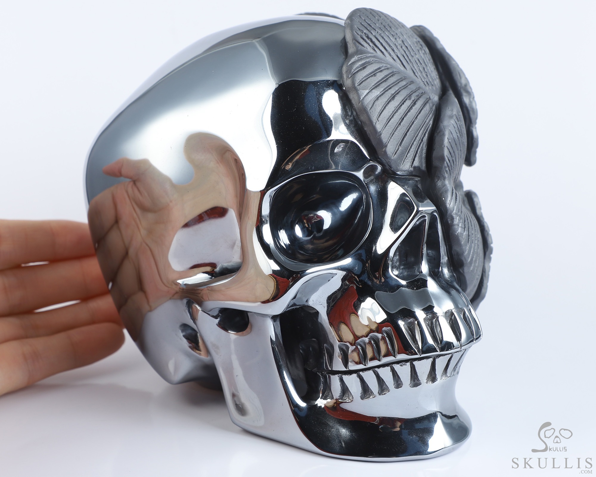 5.9" Frosted Tera-hertz Hand Carved Crystal Skull and Flower Fine Art Sculpture, Crystal Healing 5.9" Frosted Tera-hertz Hand Carved Crystal Skull and Flower Fine Art Sculpture, Crystal Healing