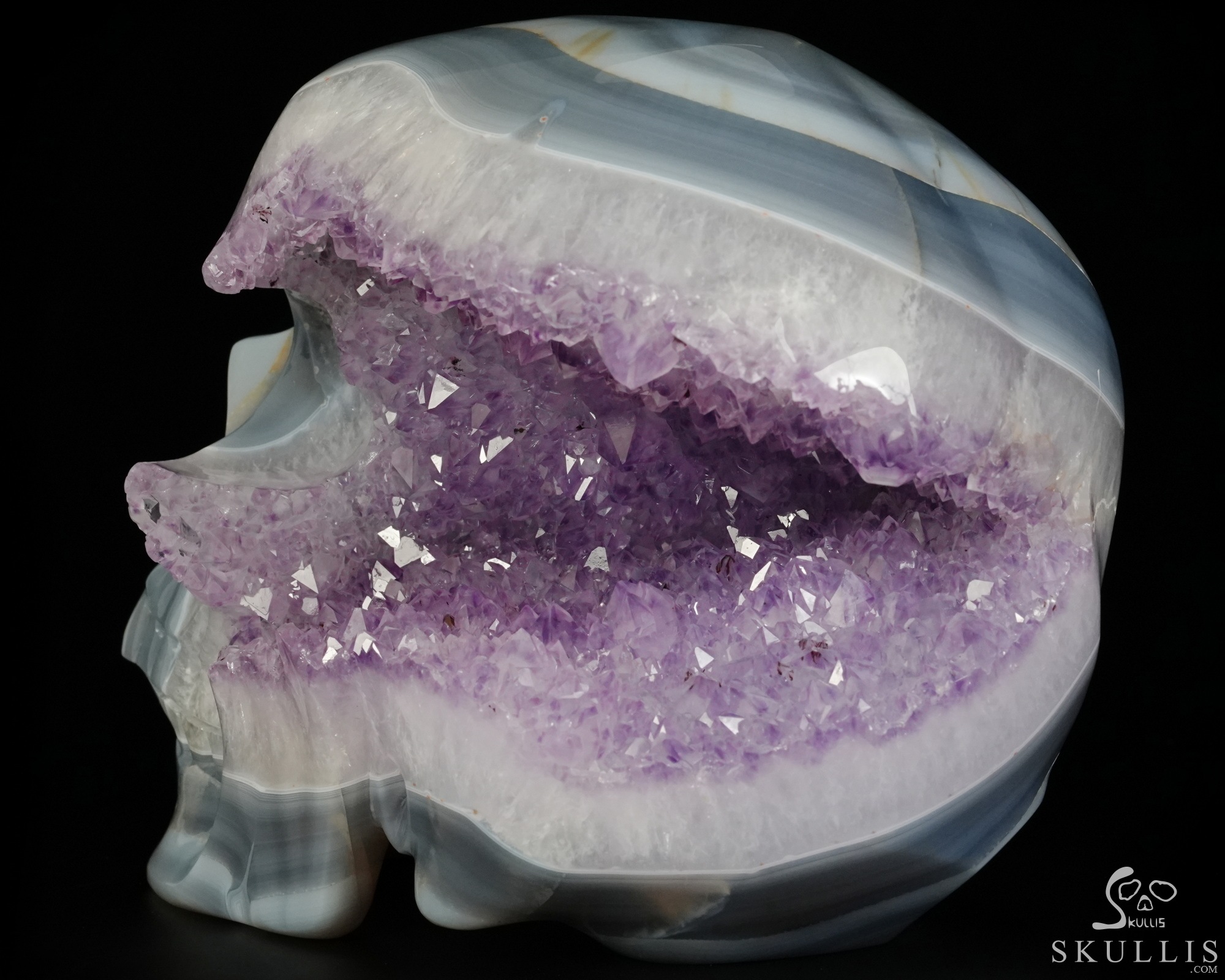 Lifesized 7.5" Agate Amethyst Geode Hand Carved Crystal Skull, Super Realistic, Crystal Healing Lifesized 7.5" Agate Amethyst Geode Hand Carved Crystal Skull, Super Realistic, Crystal Healing
