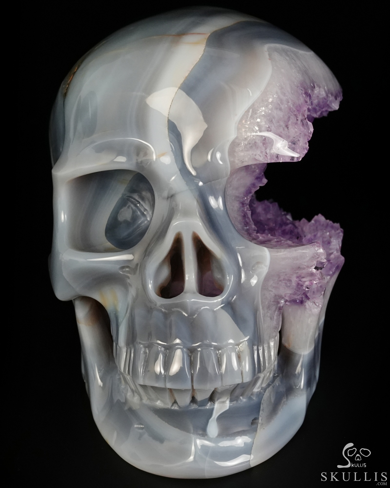 Lifesized 7.5" Agate Amethyst Geode Hand Carved Crystal Skull, Super Realistic, Crystal Healing Lifesized 7.5" Agate Amethyst Geode Hand Carved Crystal Skull, Super Realistic, Crystal Healing