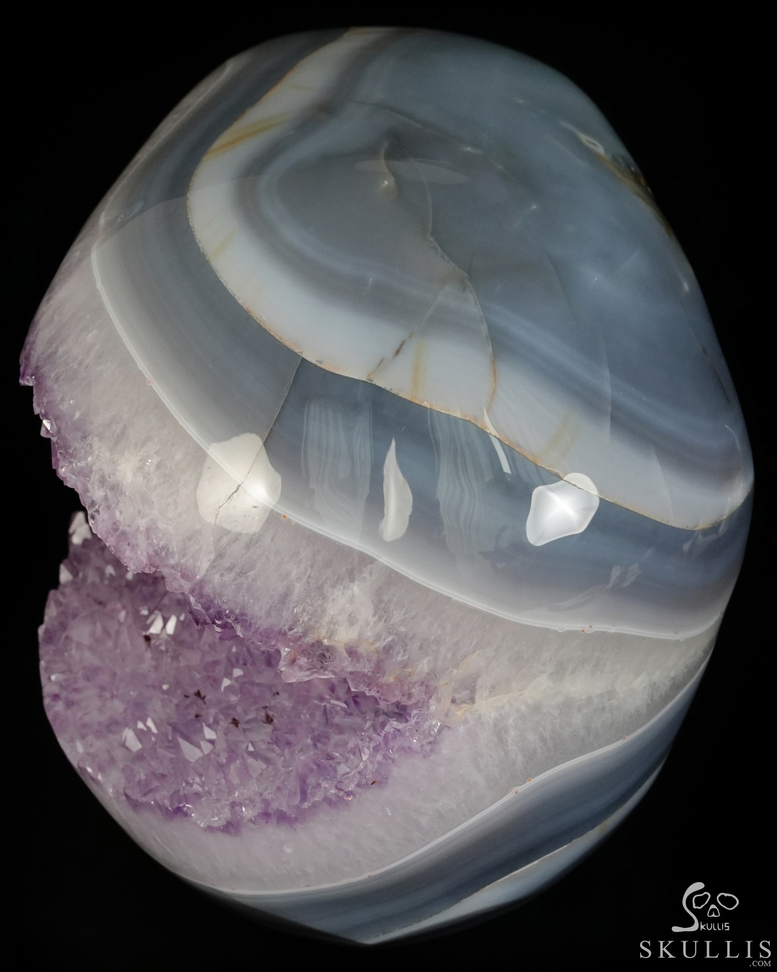 Lifesized 7.5" Agate Amethyst Geode Hand Carved Crystal Skull, Super Realistic, Crystal Healing Lifesized 7.5" Agate Amethyst Geode Hand Carved Crystal Skull, Super Realistic, Crystal Healing