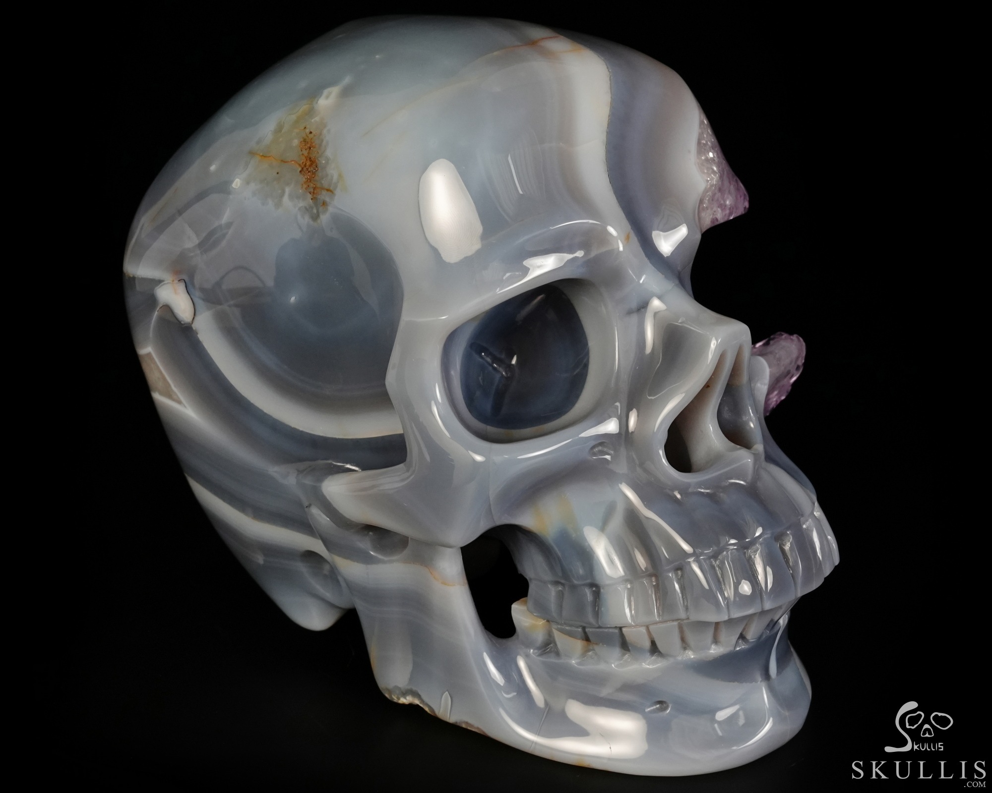 Lifesized 7.5" Agate Amethyst Geode Hand Carved Crystal Skull, Super Realistic, Crystal Healing Lifesized 7.5" Agate Amethyst Geode Hand Carved Crystal Skull, Super Realistic, Crystal Healing