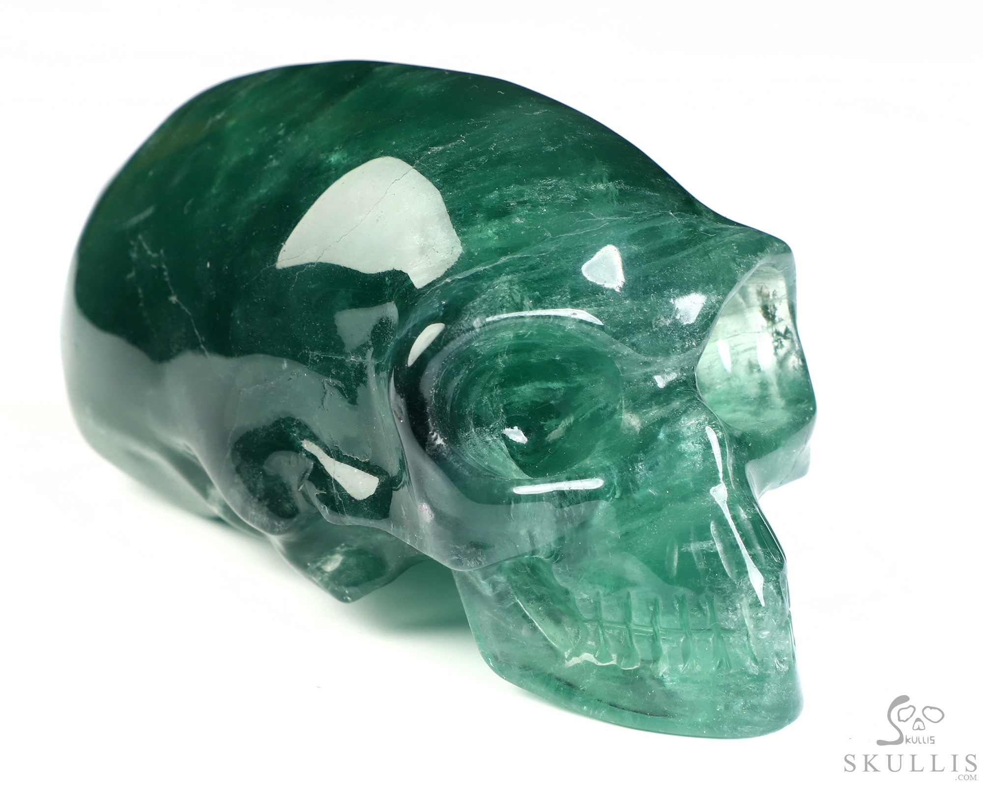 4.5" Fluorite Hand Carved Crystal Elongated Mayan Alien Skull Sculpture, Crystal Healing 4.5" Fluorite Hand Carved Crystal Elongated Mayan Alien Skull Sculpture, Crystal Healing