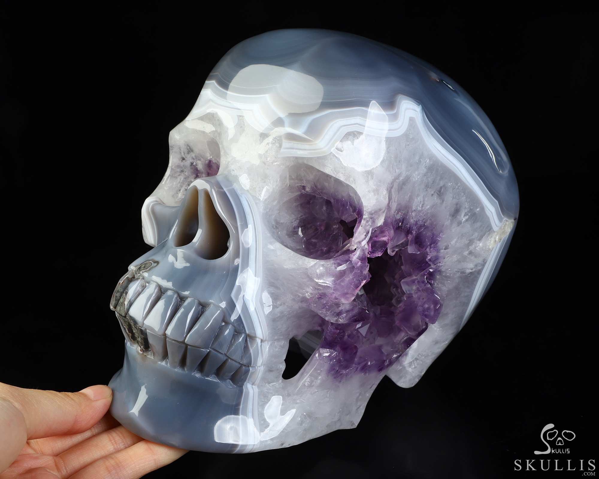 Lifesized 8.3" Agate Amethyst Geode Hand Carved Crystal Skull, Super Realistic, Crystal Healing Lifesized 8.3" Agate Amethyst Geode Hand Carved Crystal Skull, Super Realistic, Crystal Healing
