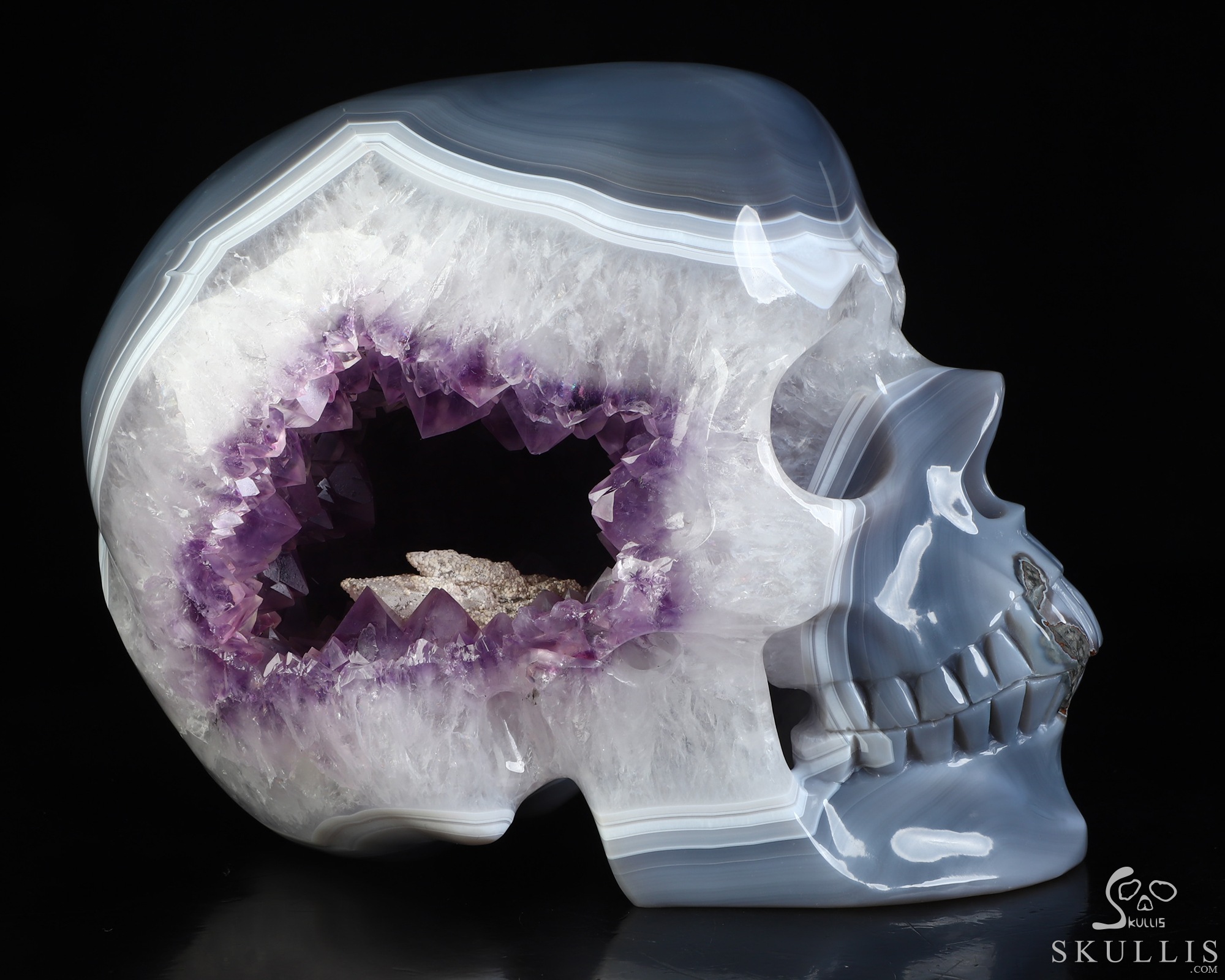 Lifesized 8.3" Agate Amethyst Geode Hand Carved Crystal Skull, Super Realistic, Crystal Healing Lifesized 8.3" Agate Amethyst Geode Hand Carved Crystal Skull, Super Realistic, Crystal Healing
