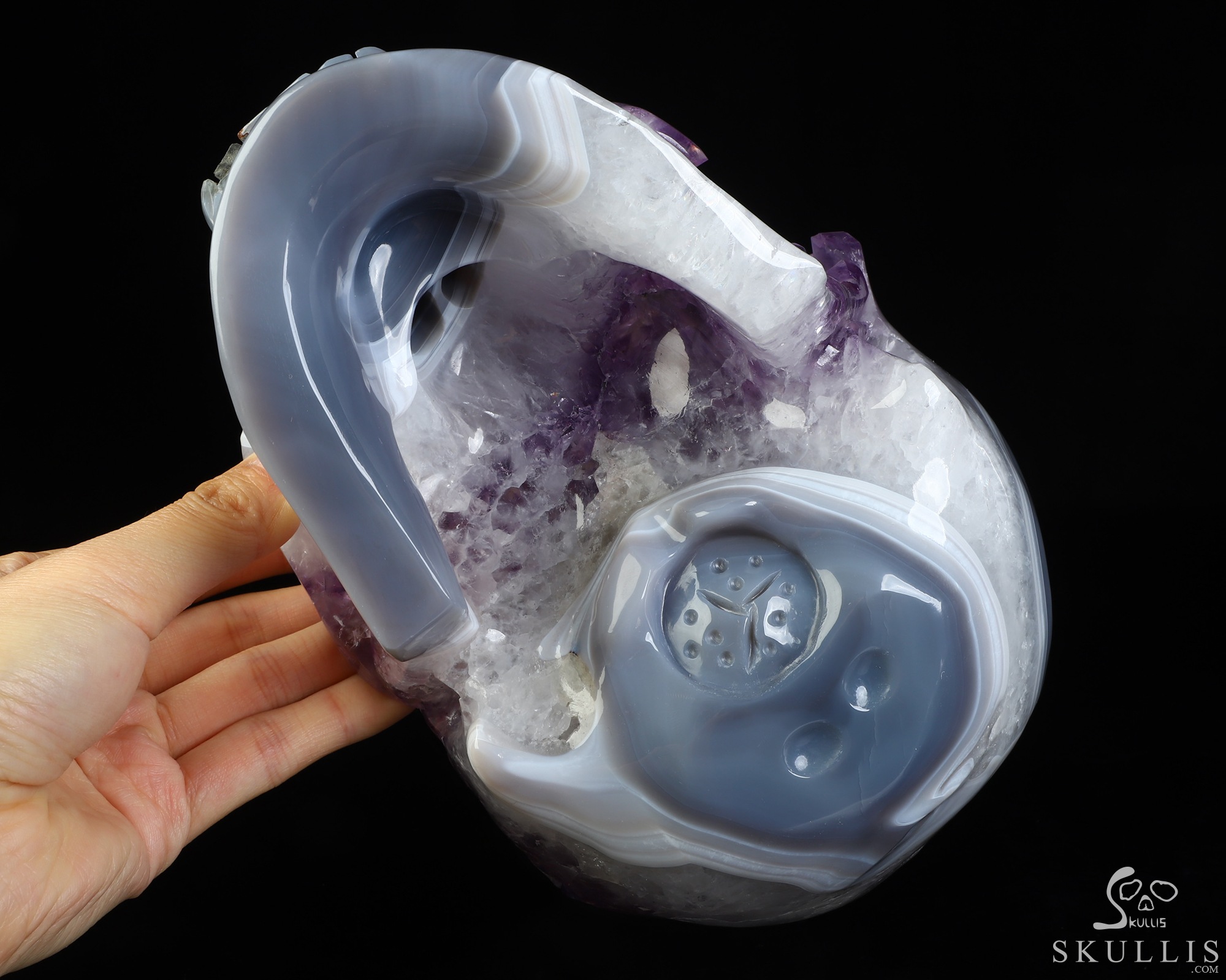 Lifesized 8.3" Agate Amethyst Geode Hand Carved Crystal Skull, Super Realistic, Crystal Healing Lifesized 8.3" Agate Amethyst Geode Hand Carved Crystal Skull, Super Realistic, Crystal Healing