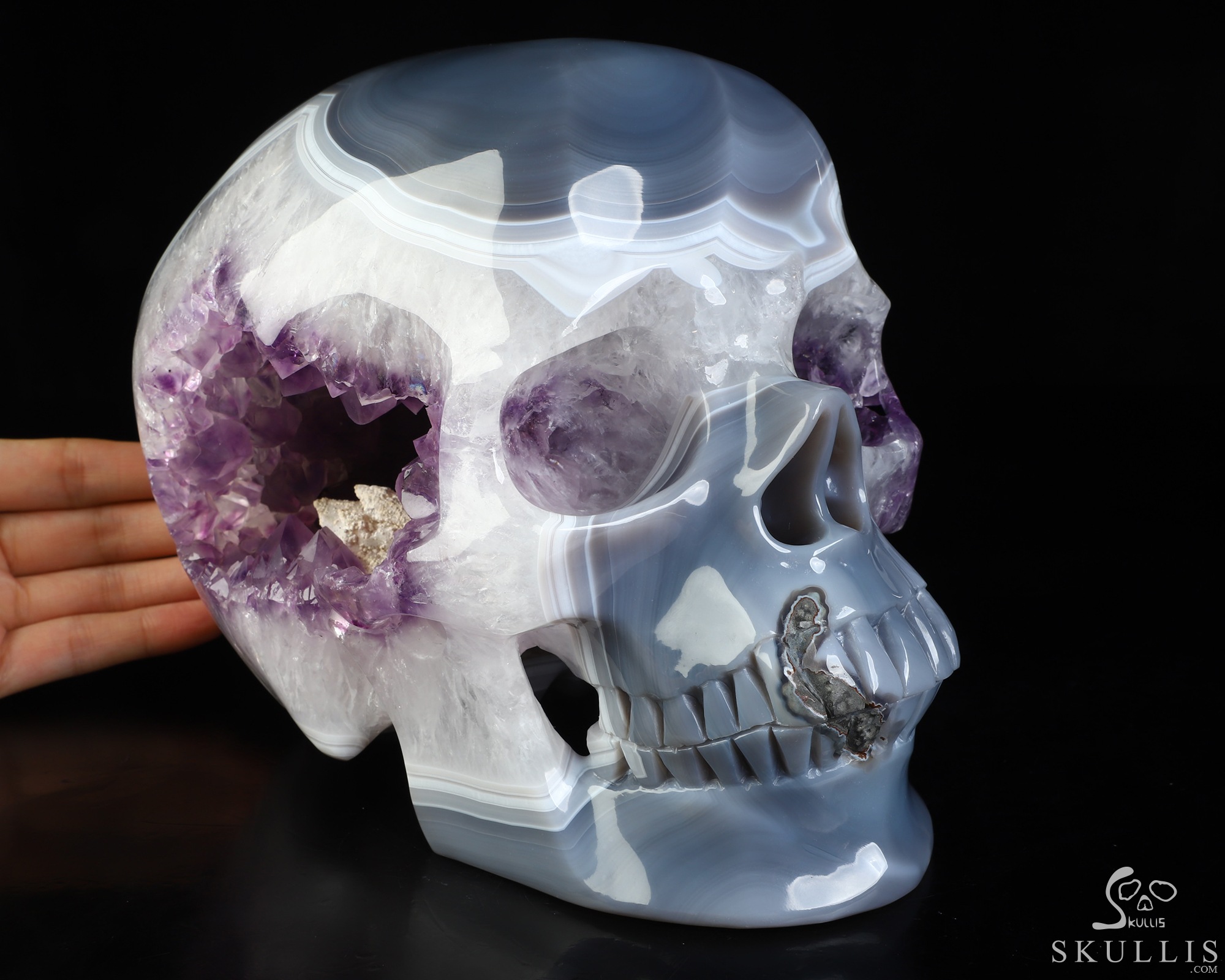 Lifesized 8.3" Agate Amethyst Geode Hand Carved Crystal Skull, Super Realistic, Crystal Healing Lifesized 8.3" Agate Amethyst Geode Hand Carved Crystal Skull, Super Realistic, Crystal Healing