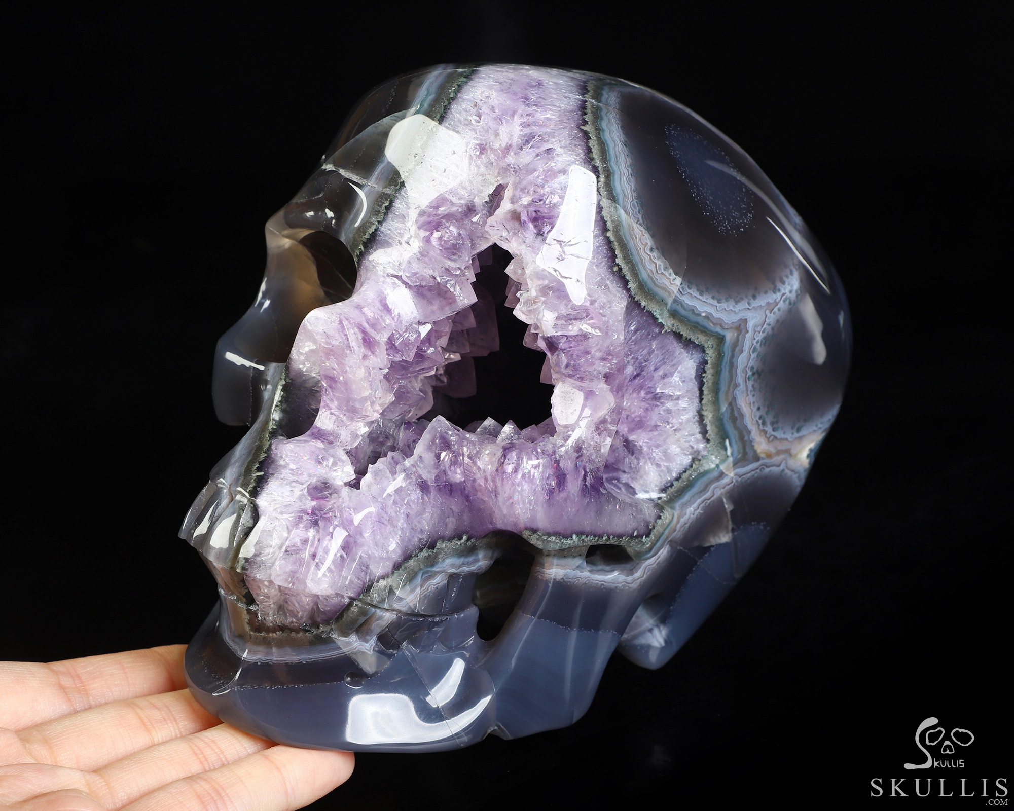 Lifesized 6.3" Agate Amethyst Geode Hand Carved Crystal Skull, Super Realistic, Crystal Healing Lifesized 6.3" Agate Amethyst Geode Hand Carved Crystal Skull, Super Realistic, Crystal Healing