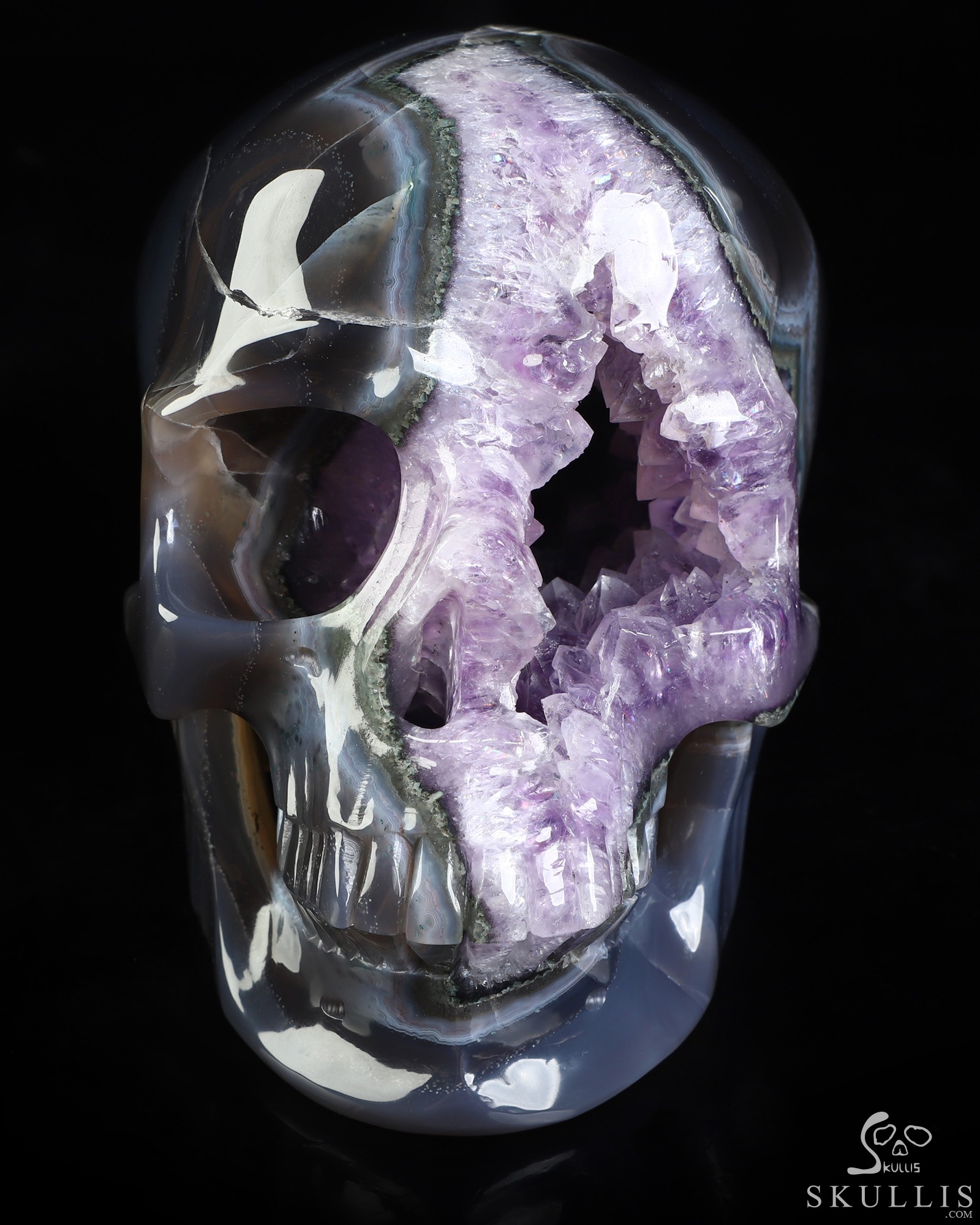 Lifesized 6.3" Agate Amethyst Geode Hand Carved Crystal Skull, Super Realistic, Crystal Healing Lifesized 6.3" Agate Amethyst Geode Hand Carved Crystal Skull, Super Realistic, Crystal Healing