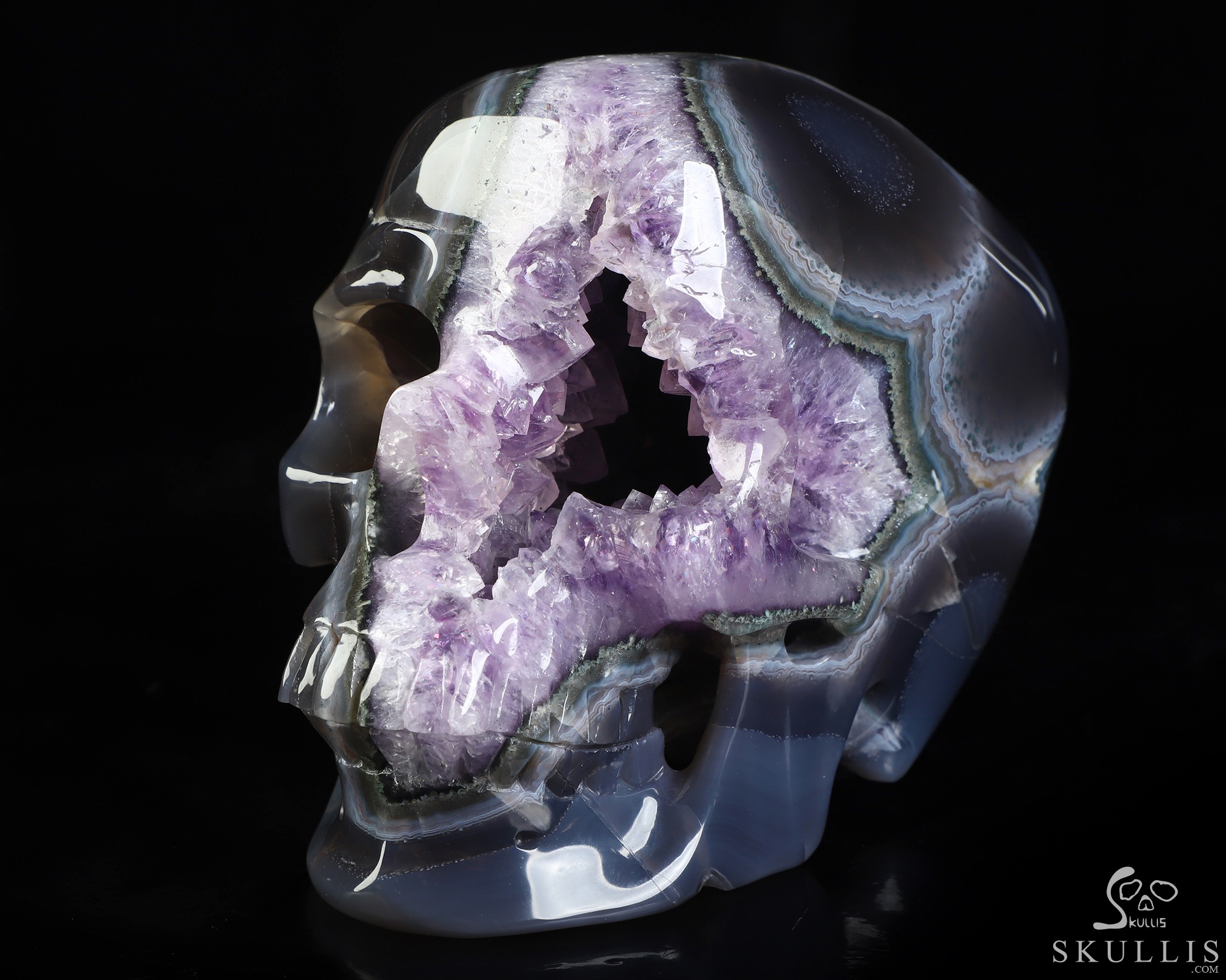 Lifesized 6.3" Agate Amethyst Geode Hand Carved Crystal Skull, Super Realistic, Crystal Healing Lifesized 6.3" Agate Amethyst Geode Hand Carved Crystal Skull, Super Realistic, Crystal Healing