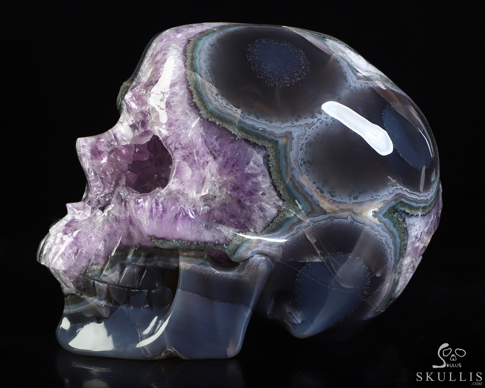 Lifesized 6.3" Agate Amethyst Geode Hand Carved Crystal Skull, Super Realistic, Crystal Healing Lifesized 6.3" Agate Amethyst Geode Hand Carved Crystal Skull, Super Realistic, Crystal Healing