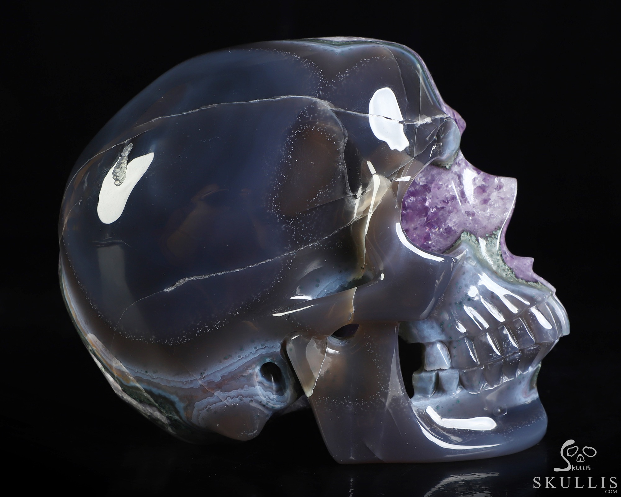 Lifesized 6.3" Agate Amethyst Geode Hand Carved Crystal Skull, Super Realistic, Crystal Healing Lifesized 6.3" Agate Amethyst Geode Hand Carved Crystal Skull, Super Realistic, Crystal Healing