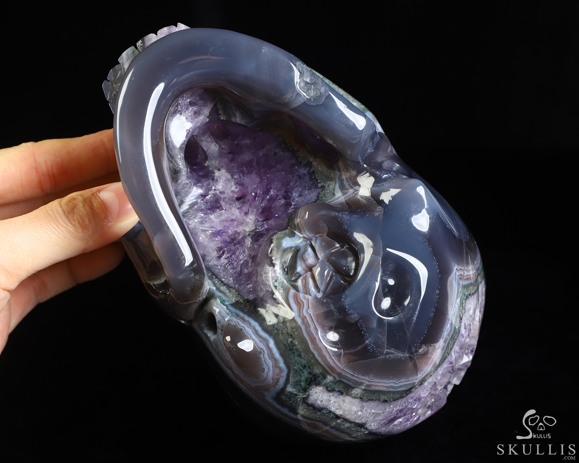 Lifesized 6.3" Agate Amethyst Geode Hand Carved Crystal Skull, Super Realistic, Crystal Healing Lifesized 6.3" Agate Amethyst Geode Hand Carved Crystal Skull, Super Realistic, Crystal Healing