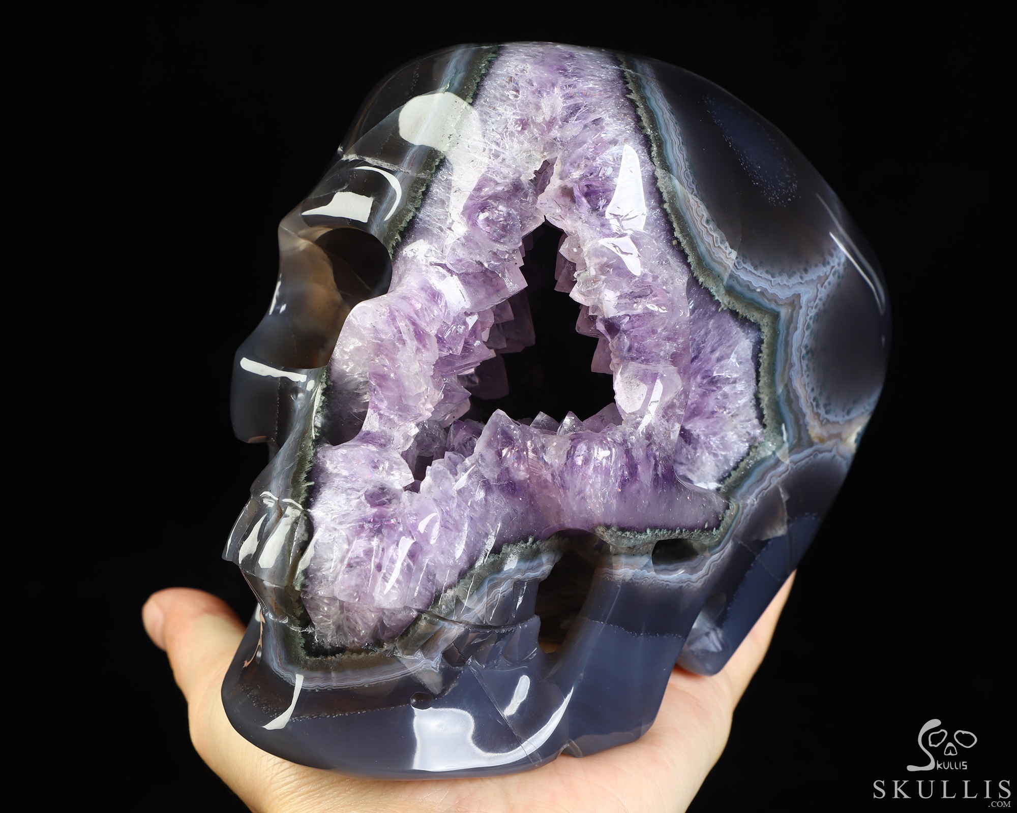 Lifesized 6.3" Agate Amethyst Geode Hand Carved Crystal Skull, Super Realistic, Crystal Healing Lifesized 6.3" Agate Amethyst Geode Hand Carved Crystal Skull, Super Realistic, Crystal Healing