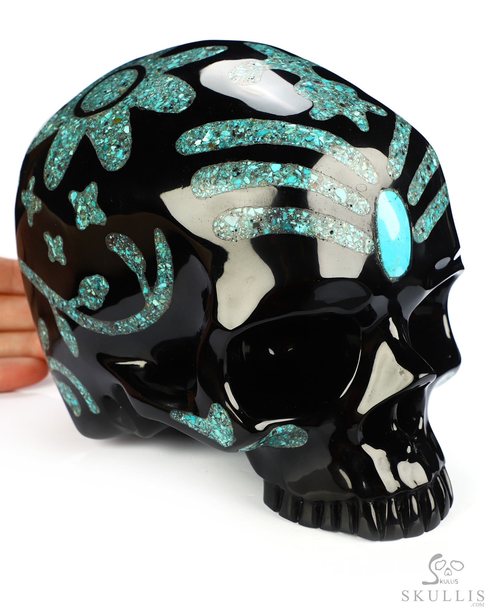6.9" Black Obsidian Hand Carved Jawless Crystal Skull with Malachite and Turquoise Inlay, Crystal Healing 6.9" Black Obsidian Hand Carved Jawless Crystal Skull with Malachite and Turquoise Inlay, Crystal Healing