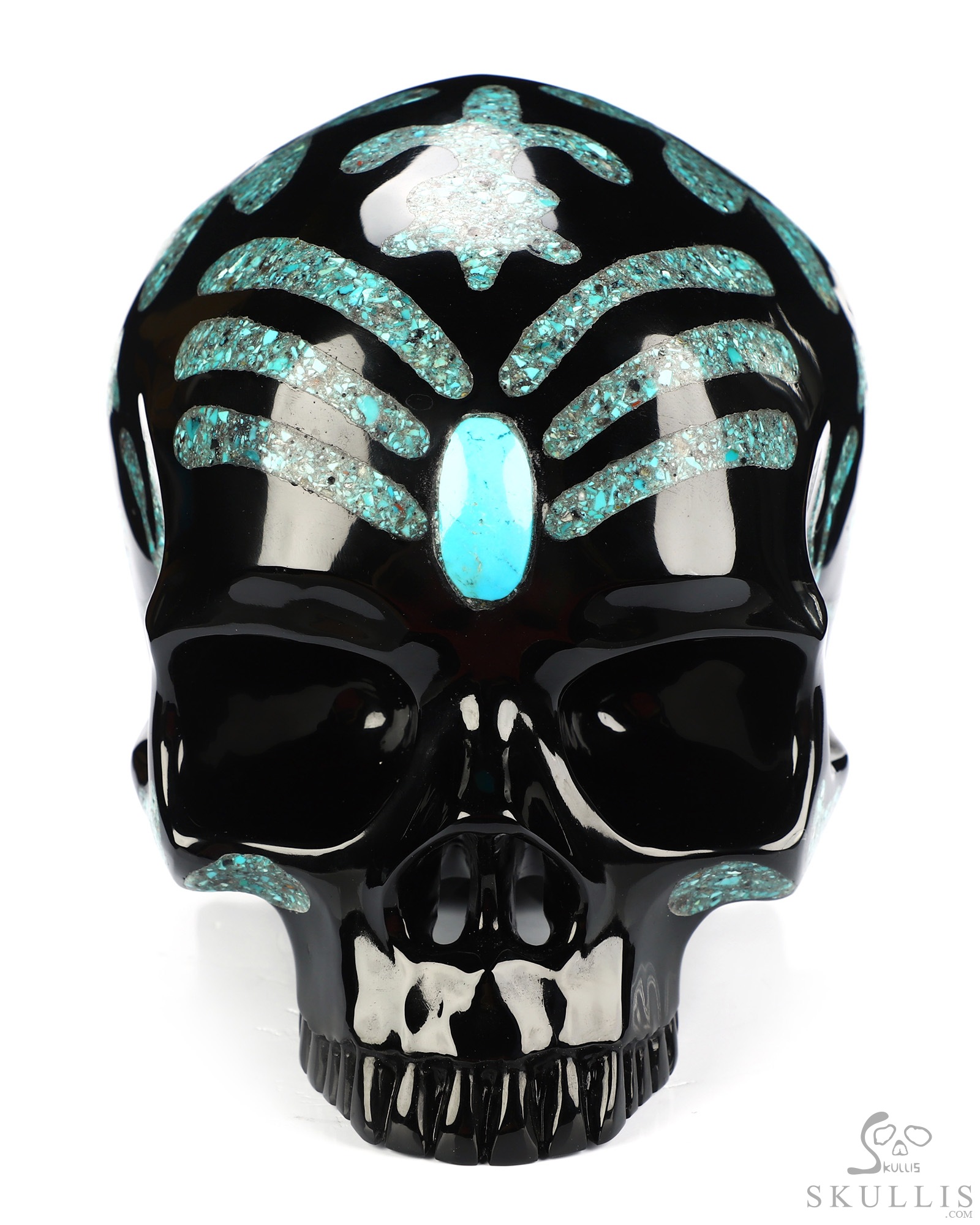 6.9" Black Obsidian Hand Carved Jawless Crystal Skull with Malachite and Turquoise Inlay, Crystal Healing 6.9" Black Obsidian Hand Carved Jawless Crystal Skull with Malachite and Turquoise Inlay, Crystal Healing