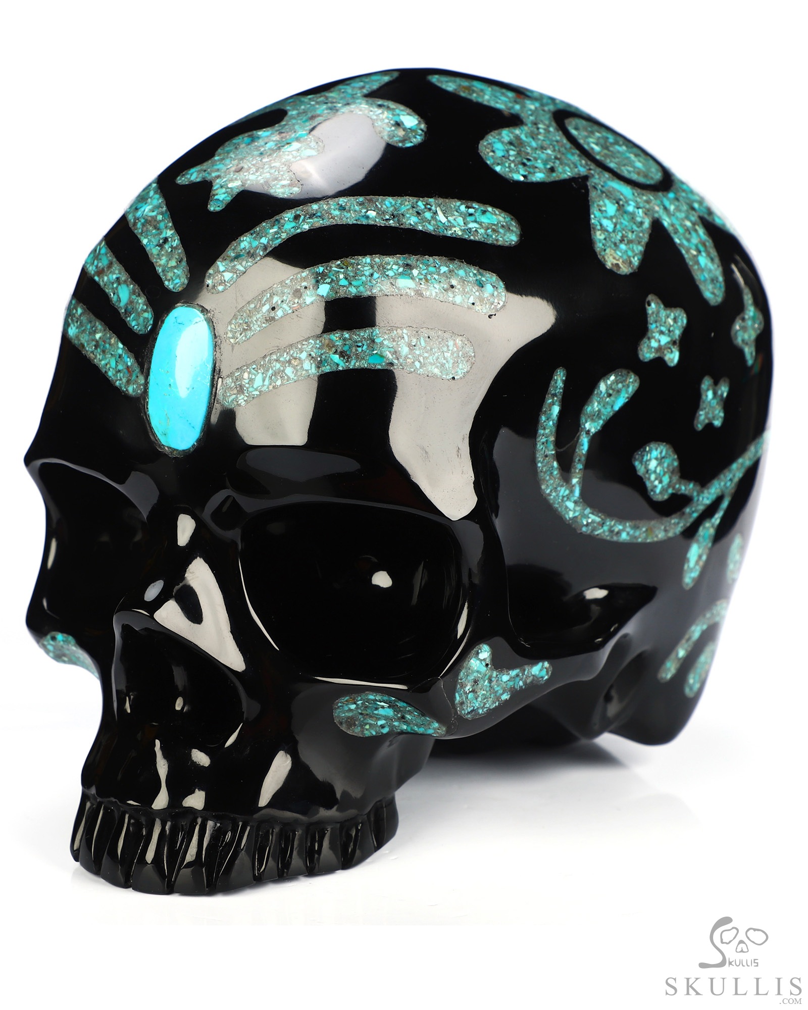 6.9" Black Obsidian Hand Carved Jawless Crystal Skull with Malachite and Turquoise Inlay, Crystal Healing 6.9" Black Obsidian Hand Carved Jawless Crystal Skull with Malachite and Turquoise Inlay, Crystal Healing