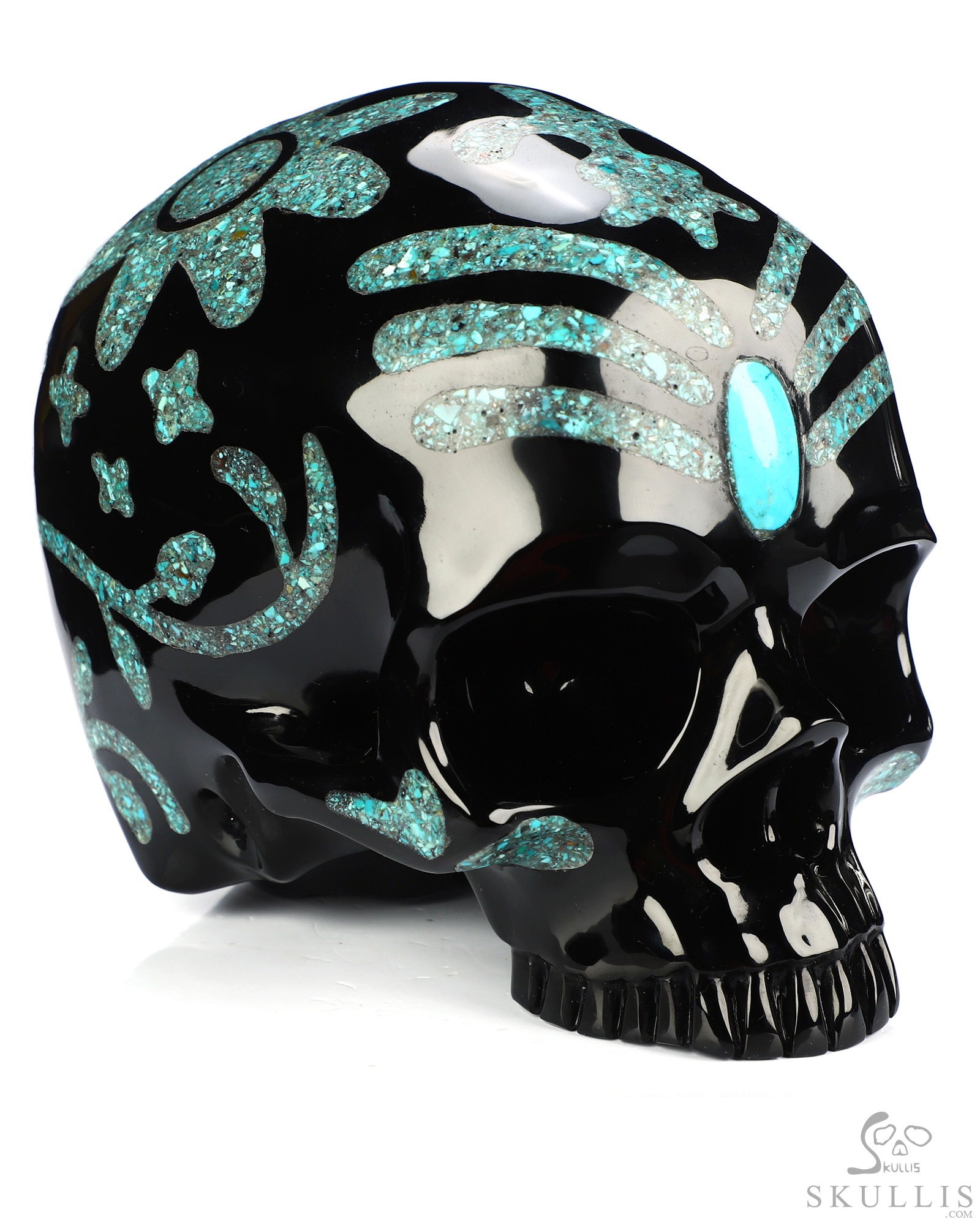 6.9" Black Obsidian Hand Carved Jawless Crystal Skull with Malachite and Turquoise Inlay, Crystal Healing 6.9" Black Obsidian Hand Carved Jawless Crystal Skull with Malachite and Turquoise Inlay, Crystal Healing