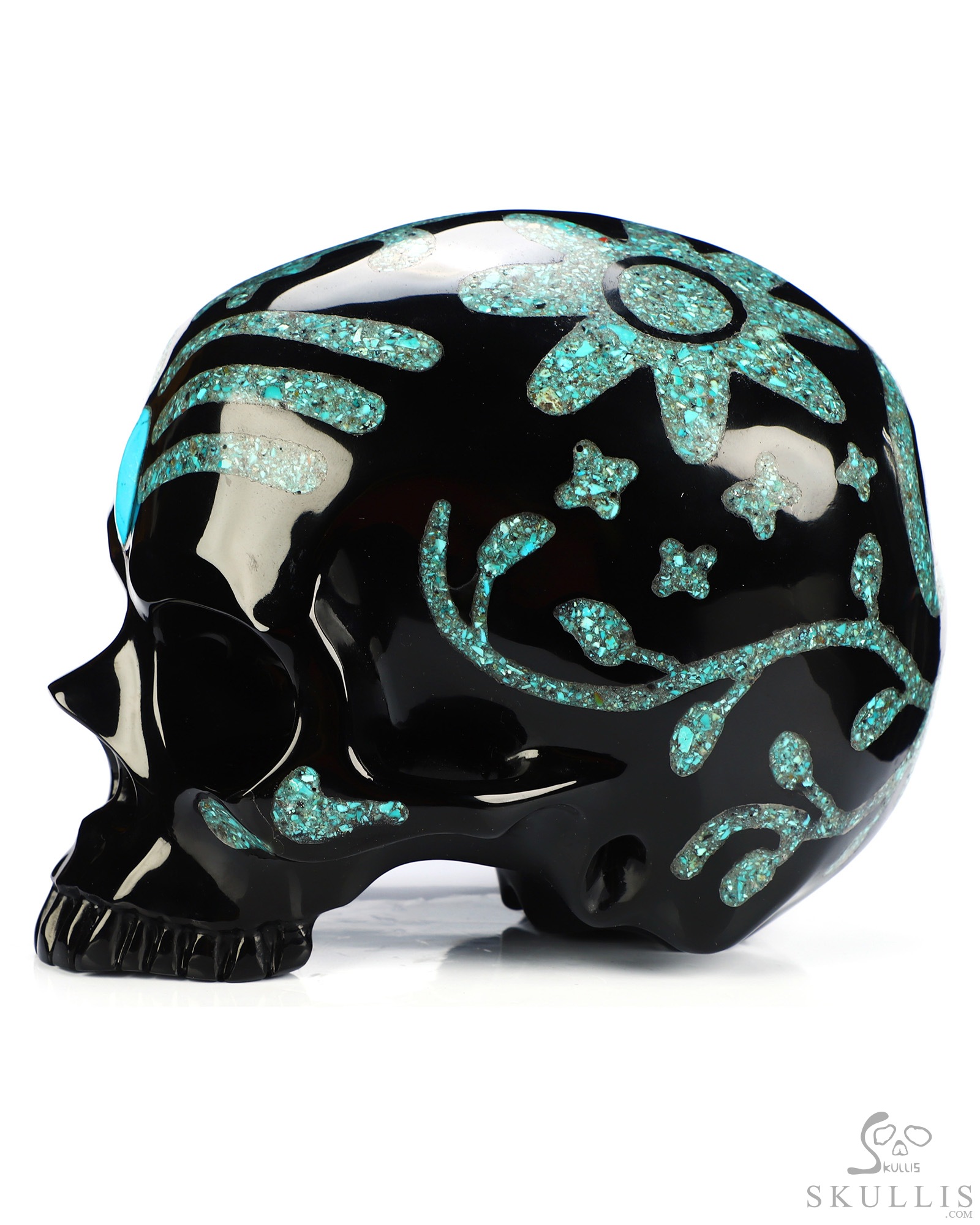 6.9" Black Obsidian Hand Carved Jawless Crystal Skull with Malachite and Turquoise Inlay, Crystal Healing 6.9" Black Obsidian Hand Carved Jawless Crystal Skull with Malachite and Turquoise Inlay, Crystal Healing