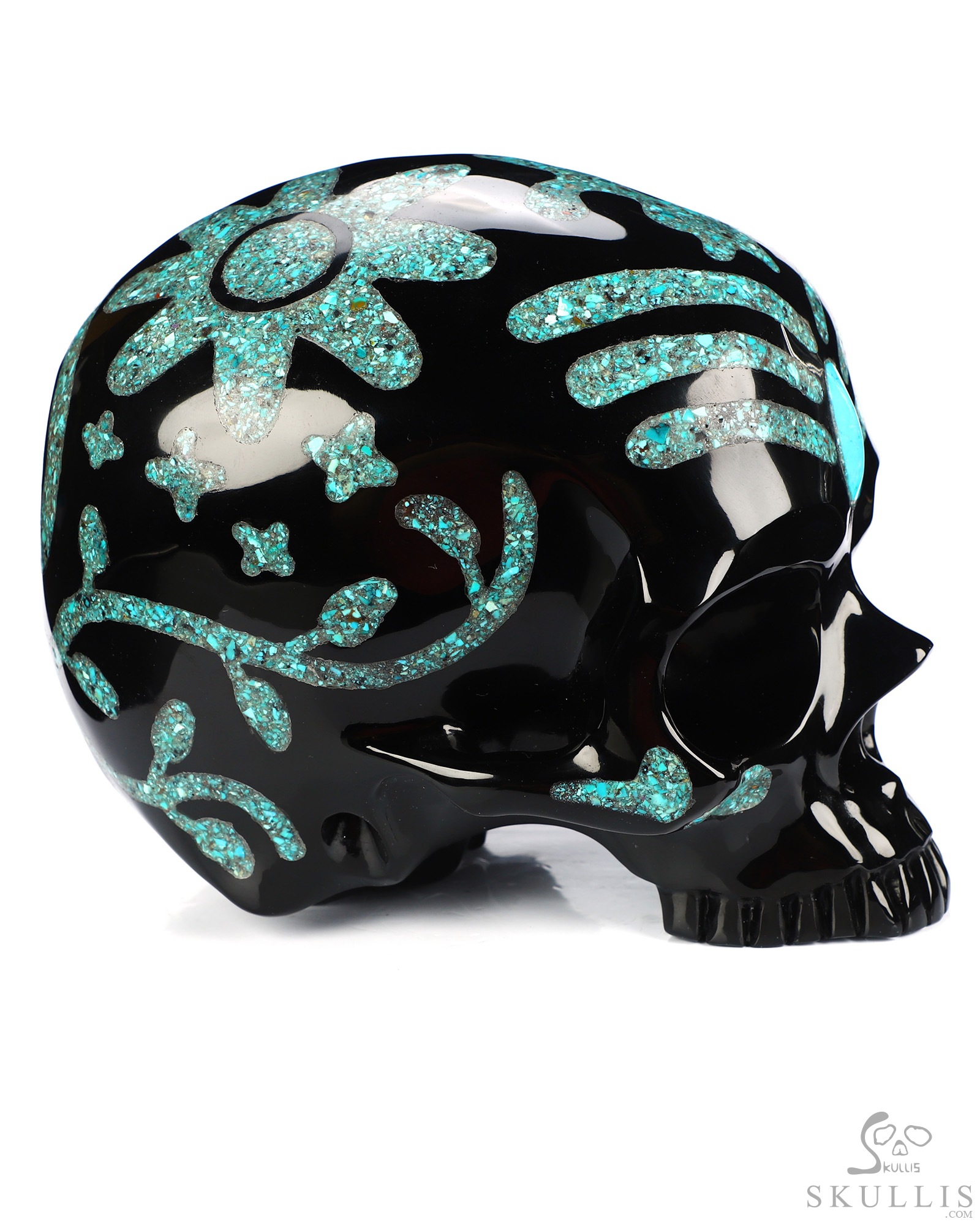 6.9" Black Obsidian Hand Carved Jawless Crystal Skull with Malachite and Turquoise Inlay, Crystal Healing 6.9" Black Obsidian Hand Carved Jawless Crystal Skull with Malachite and Turquoise Inlay, Crystal Healing