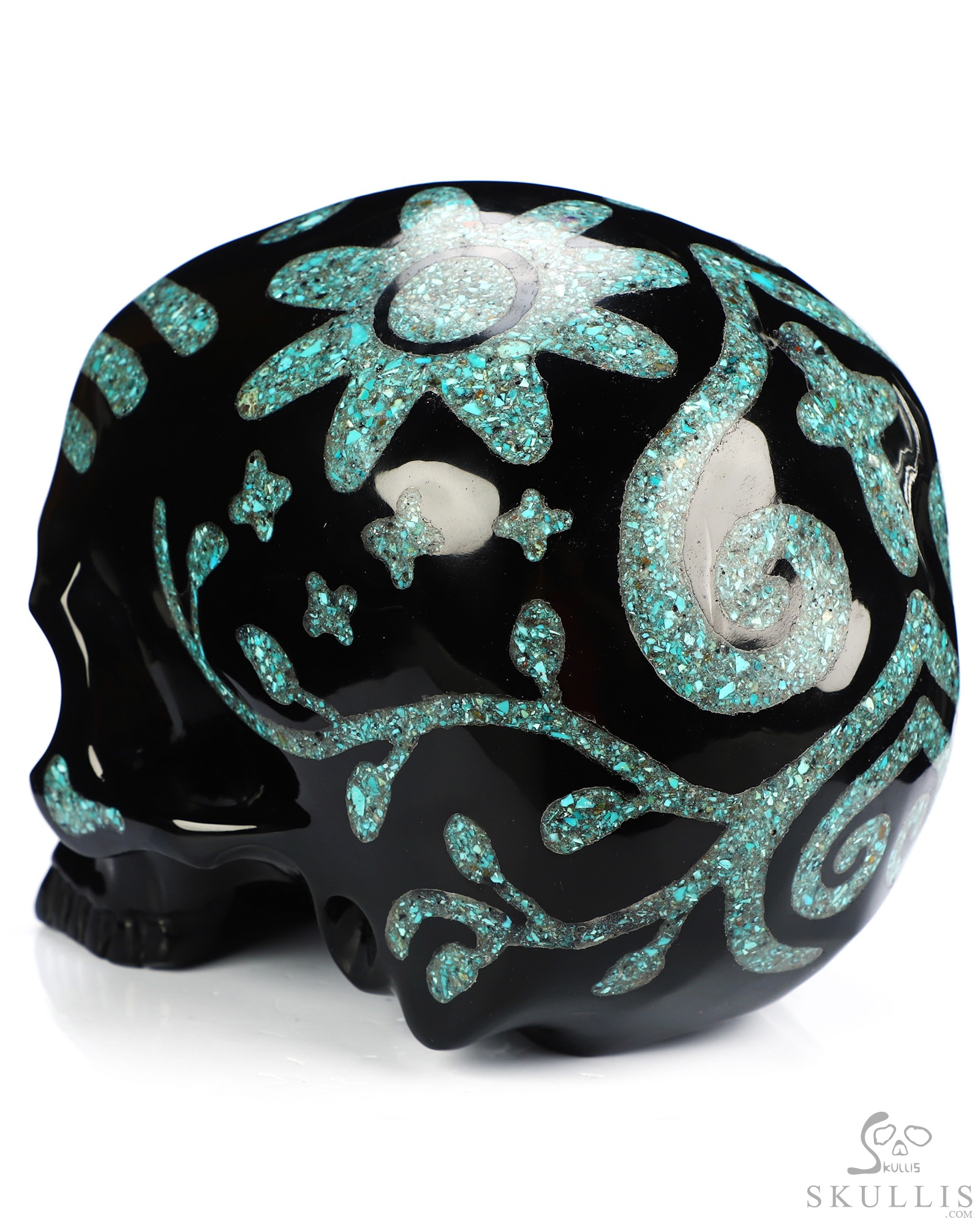 6.9" Black Obsidian Hand Carved Jawless Crystal Skull with Malachite and Turquoise Inlay, Crystal Healing 6.9" Black Obsidian Hand Carved Jawless Crystal Skull with Malachite and Turquoise Inlay, Crystal Healing