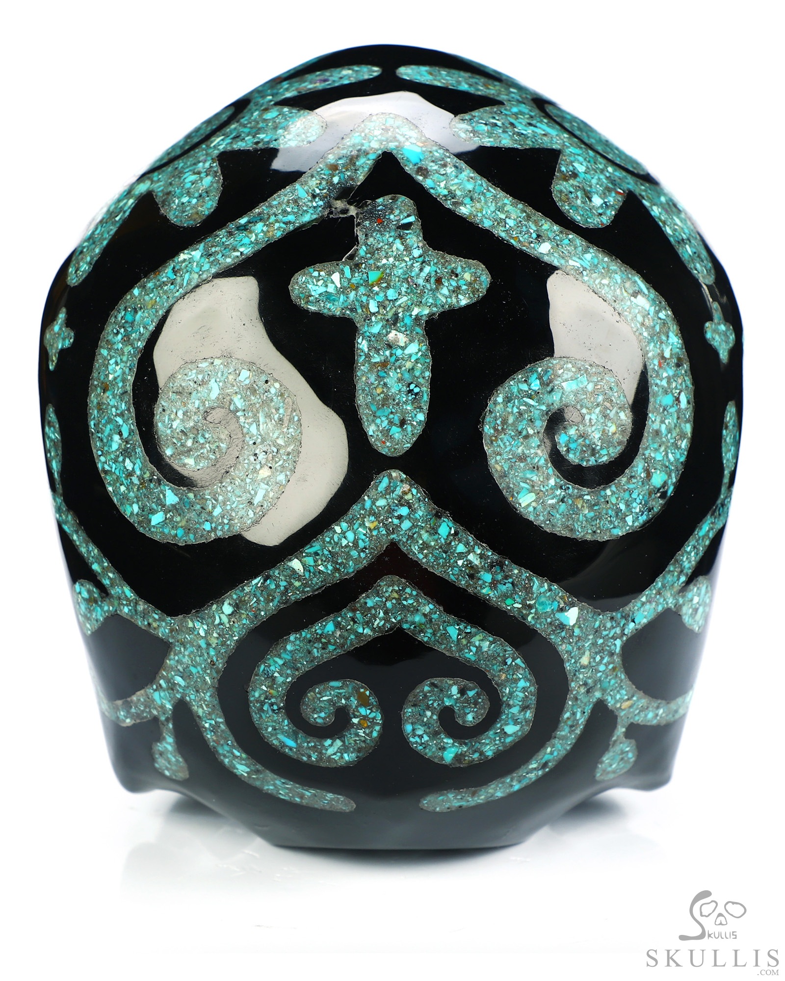 6.9" Black Obsidian Hand Carved Jawless Crystal Skull with Malachite and Turquoise Inlay, Crystal Healing 6.9" Black Obsidian Hand Carved Jawless Crystal Skull with Malachite and Turquoise Inlay, Crystal Healing