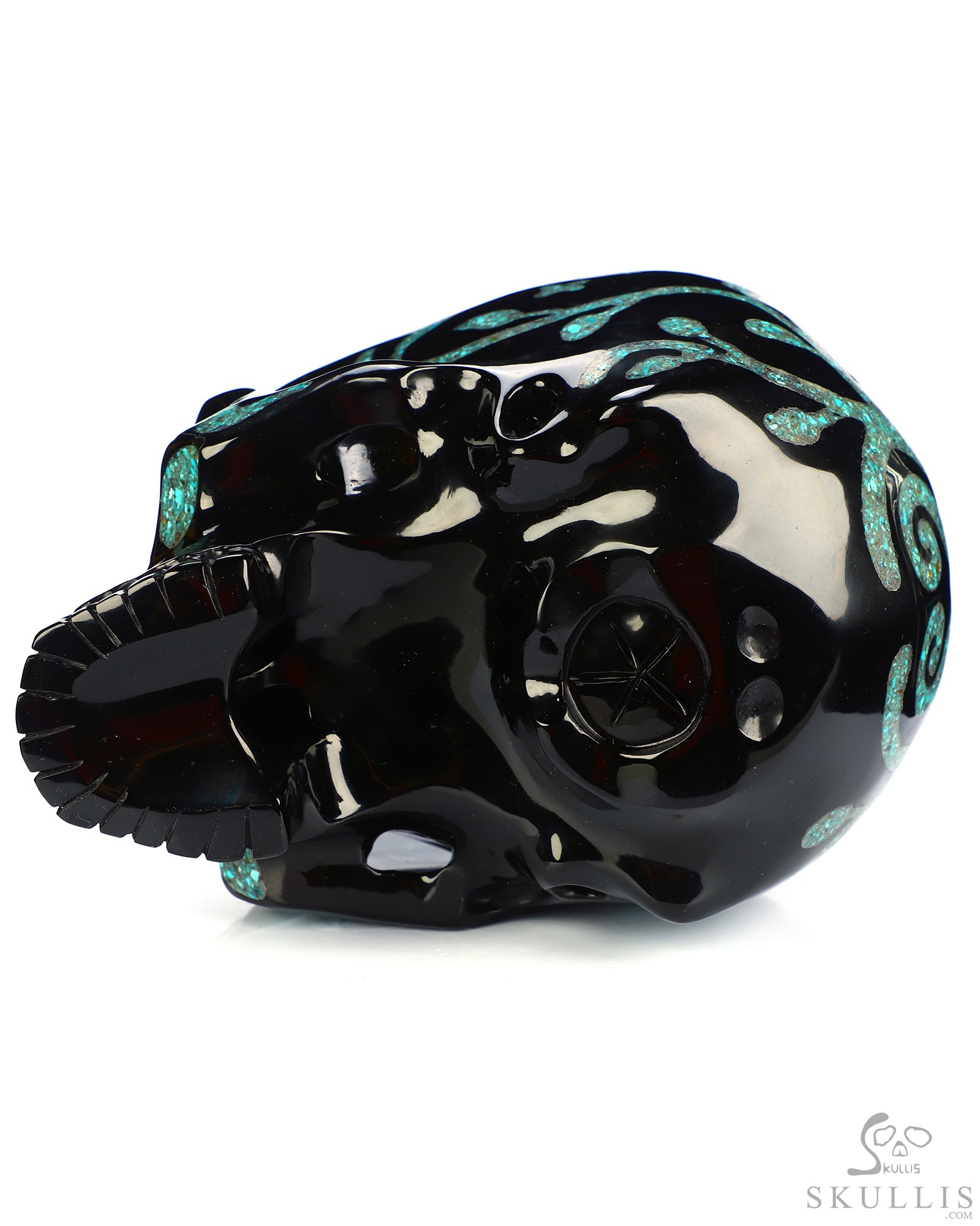 6.9" Black Obsidian Hand Carved Jawless Crystal Skull with Malachite and Turquoise Inlay, Crystal Healing 6.9" Black Obsidian Hand Carved Jawless Crystal Skull with Malachite and Turquoise Inlay, Crystal Healing